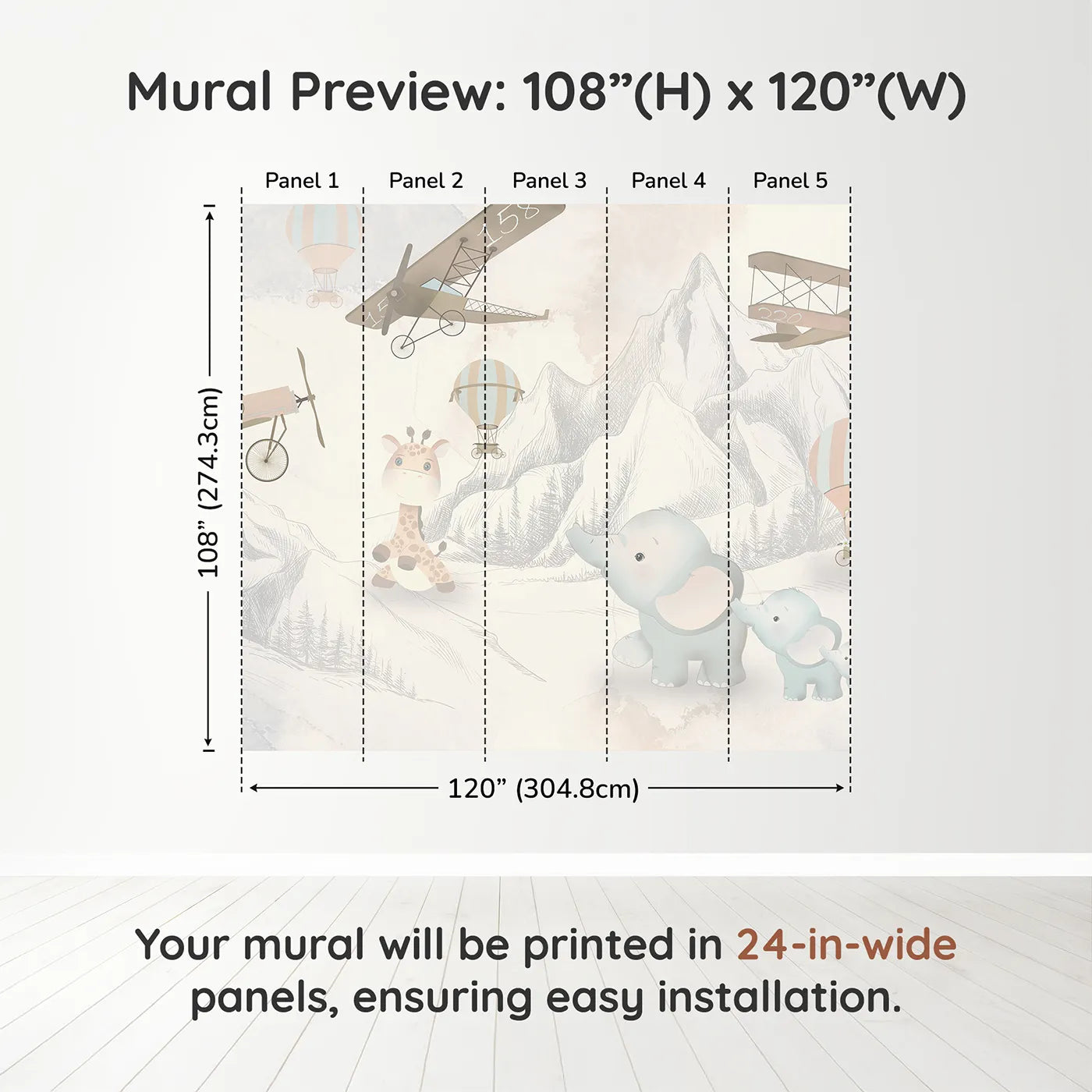 Whimsy Tots Safari Aviator Club Wall Muraldimension view (108" H x 120" W). Printed in five 24-inch-wide panels. Gender-Neutral