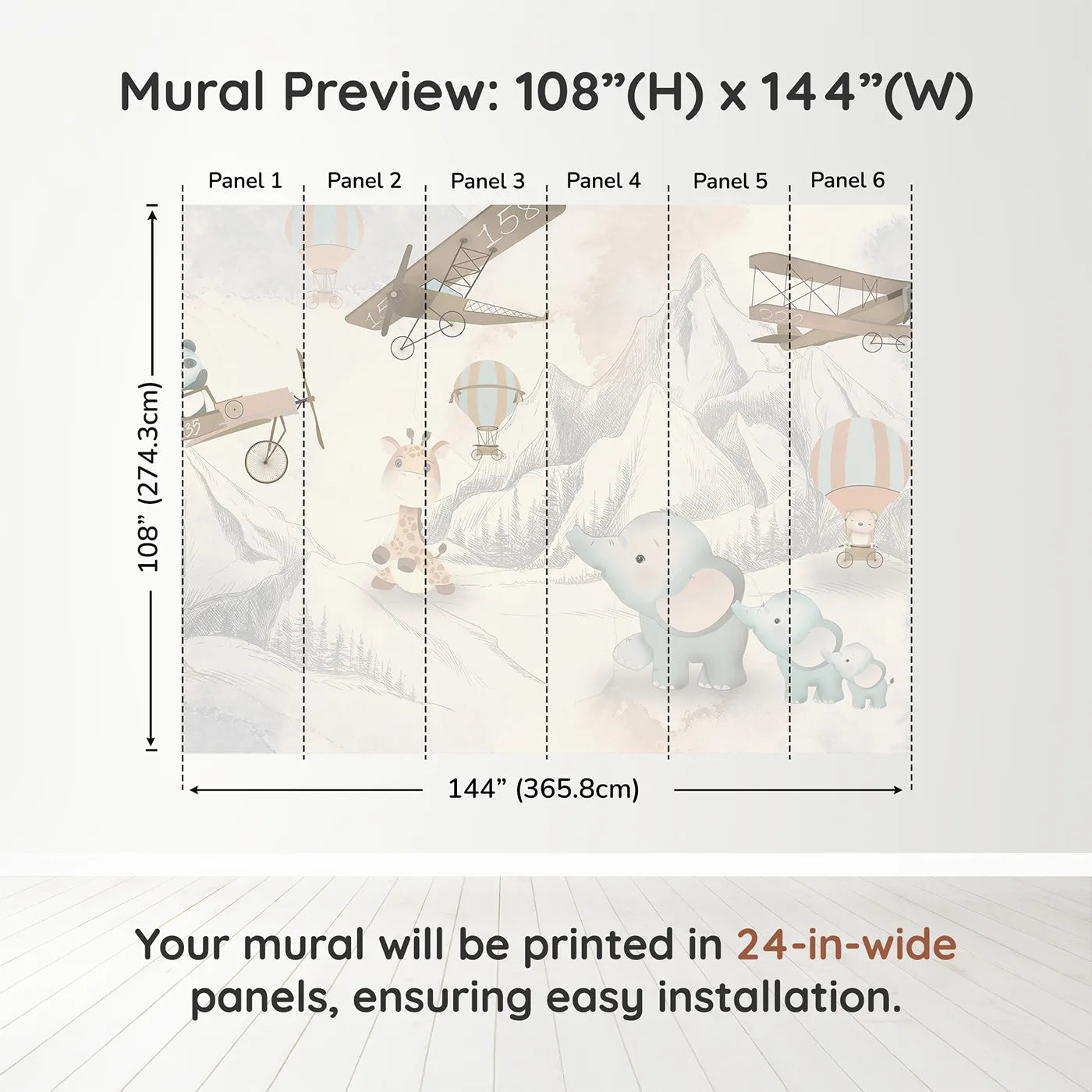 Whimsy Tots Safari Aviator Club Wall Muraldimension view (108" H x 144" W). Printed in six 24-inch-wide panels. Gender-Neutral