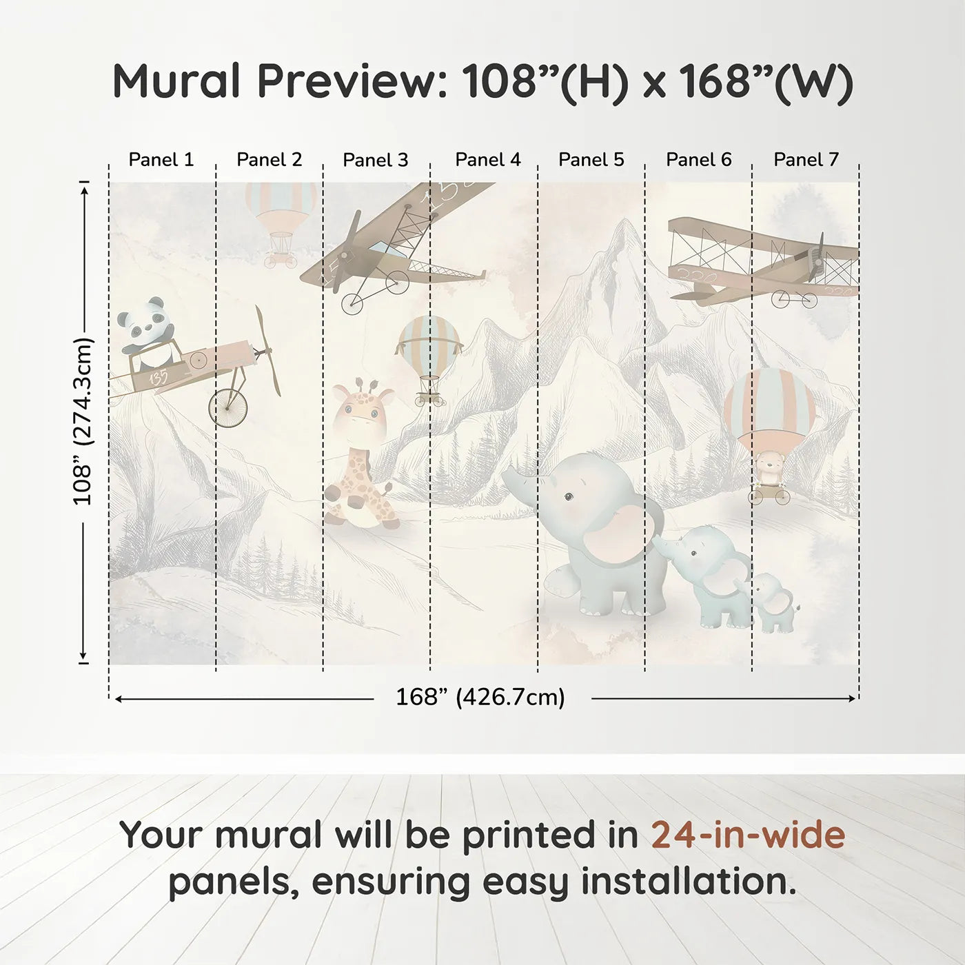 Whimsy Tots Safari Aviator Club Wall Muraldimension view (108" H x 168" W). Printed in seven 24-inch-wide panels. Gender-Neutral