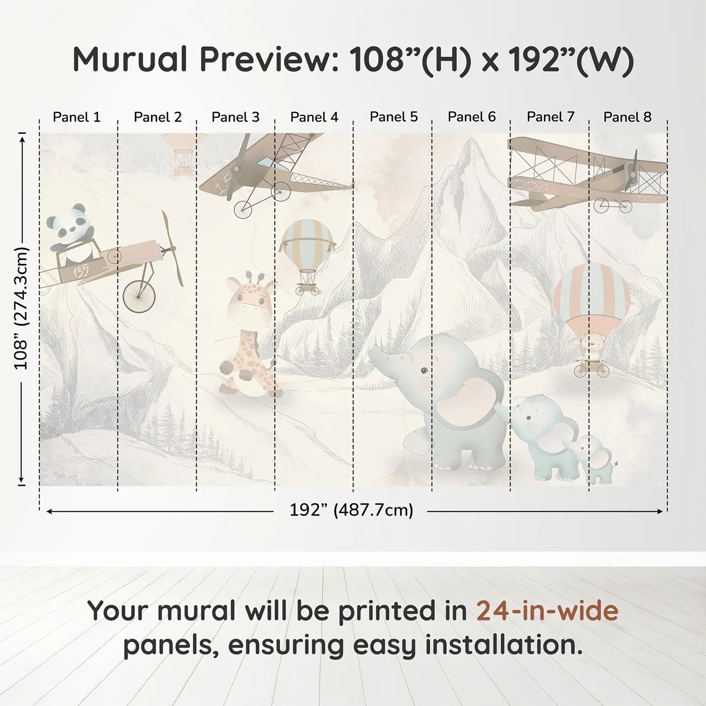 Whimsy Tots Safari Aviator Club Wall Muraldimension view (108" H x 192" W). Printed in eight 24-inch-wide panels. Gender-Neutral