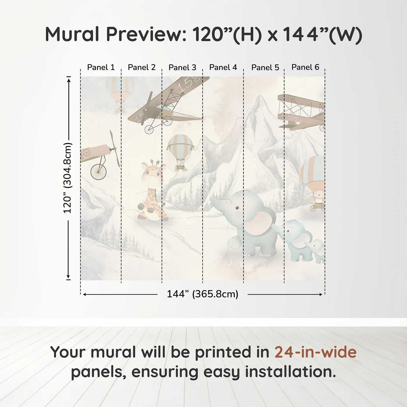 Whimsy Tots Safari Aviator Club Wall Muraldimension view (120" H x 144" W). Printed in six 24-inch-wide panels. Gender-Neutral