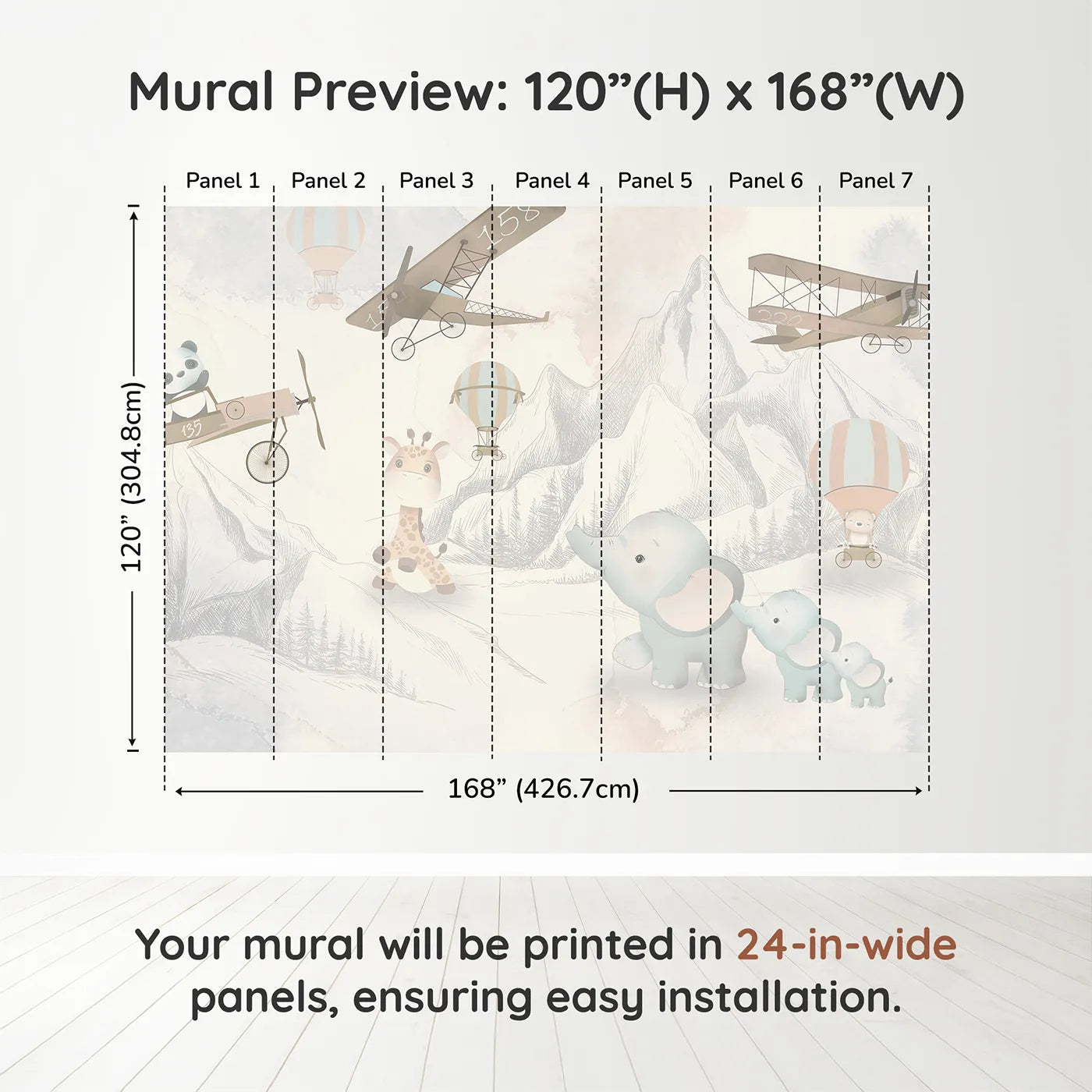 Whimsy Tots Safari Aviator Club Wall Muraldimension view (120" H x 168" W). Printed in seven 24-inch-wide panels. Gender-Neutral