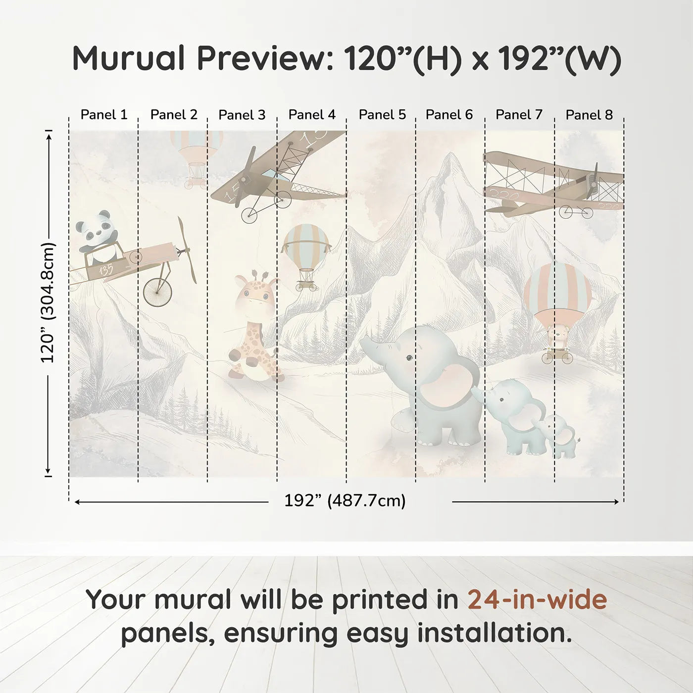 Whimsy Tots Safari Aviator Club Wall Muraldimension view (120" H x 192" W). Printed in eight 24-inch-wide panels. Gender-Neutral