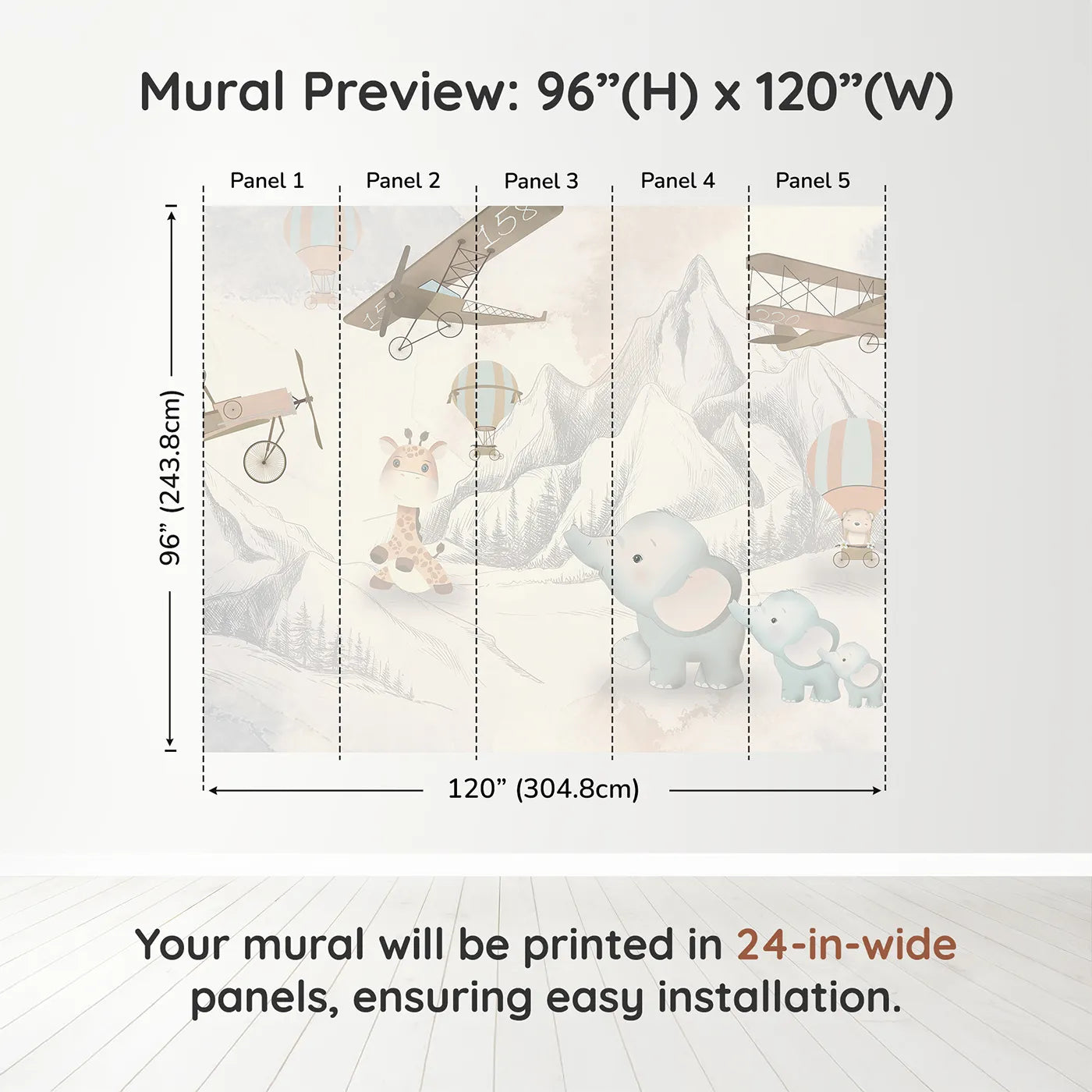 Whimsy Tots Safari Aviator Club Wall Muraldimension view (96" H x 120" W). Printed in five 24-inch-wide panels. Gender-Neutral