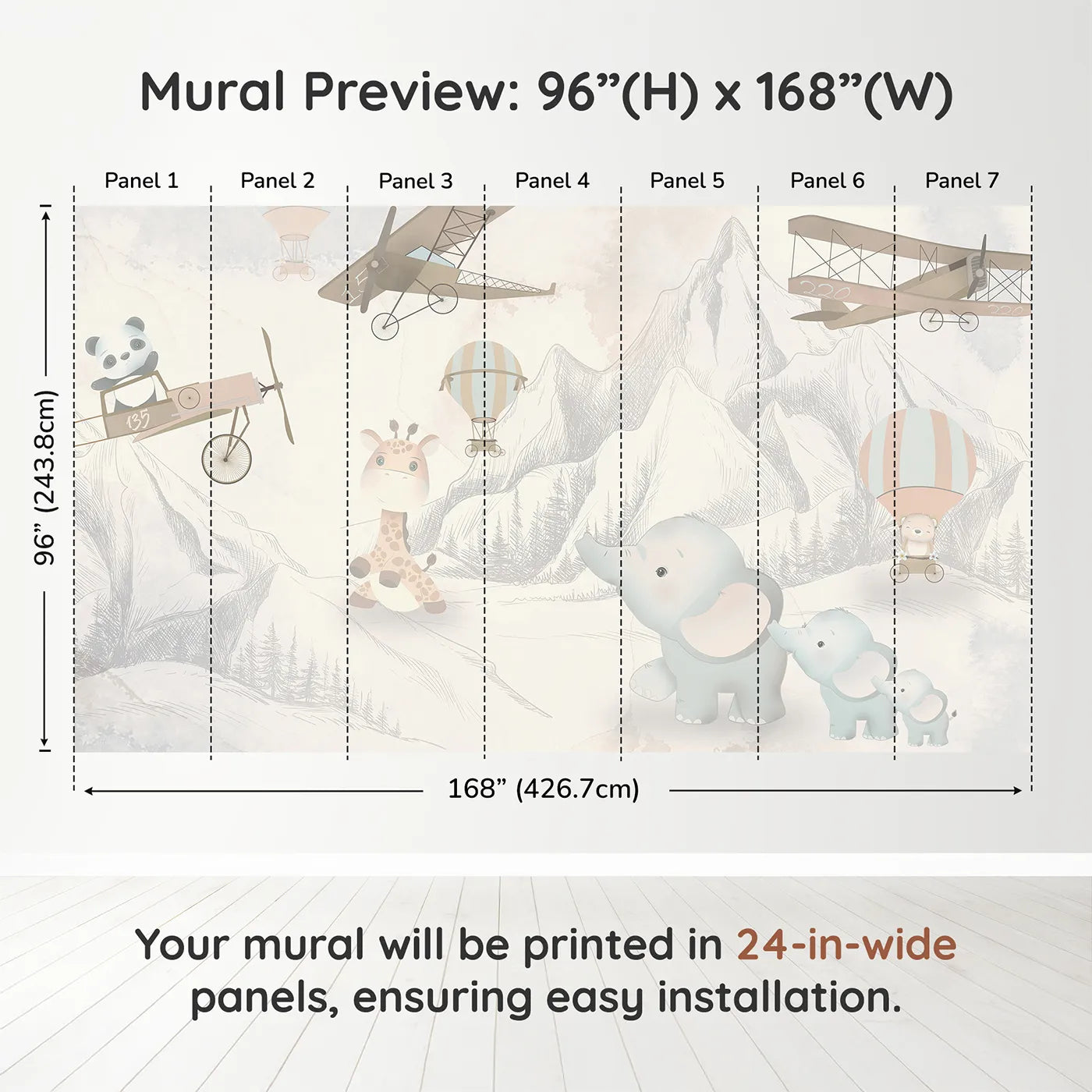 Whimsy Tots Safari Aviator Club Wall Muraldimension view (96" H x 168" W). Printed in seven 24-inch-wide panels. Gender-Neutral