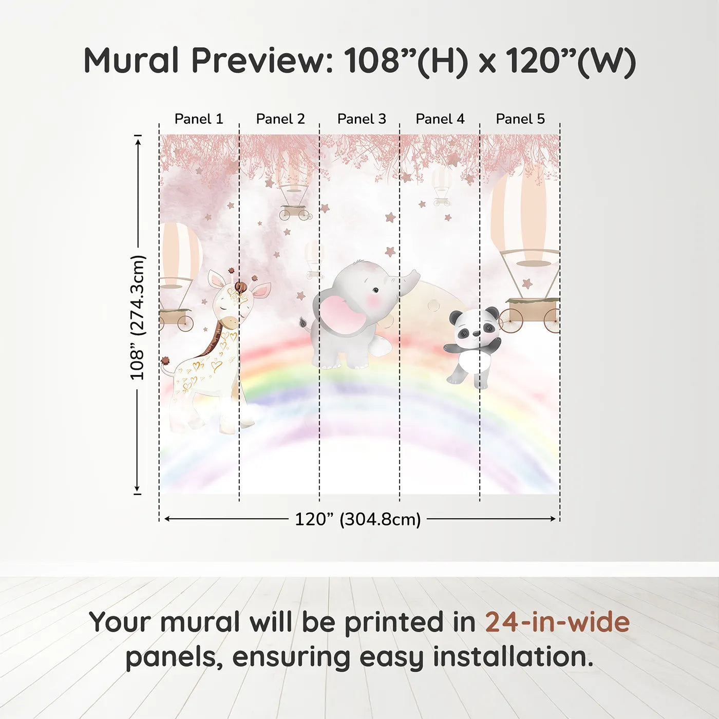 Whimsy Tots Rainbow Safari Wall Muraldimension view (108" H x 120" W). Printed in five 24-inch-wide panels. Best for Girls