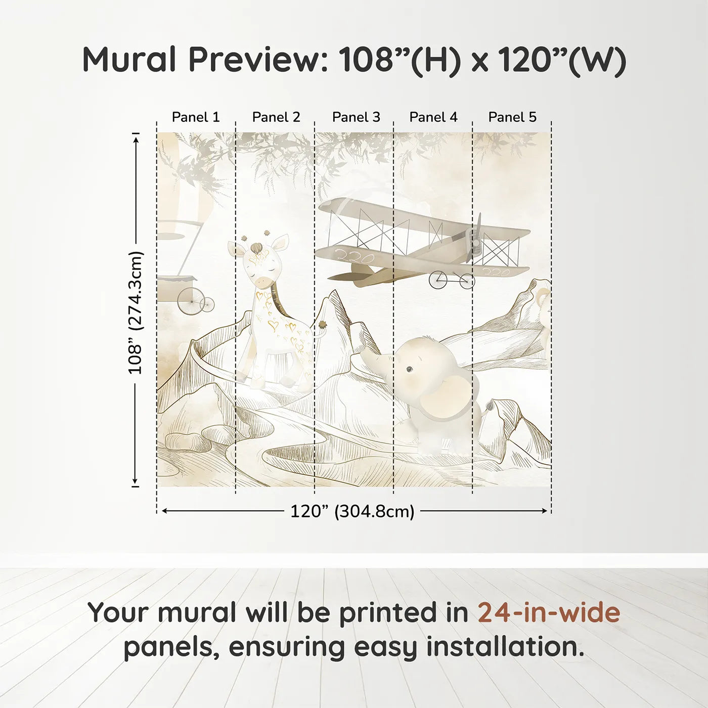 Whimsy Tots Safari Mountain Adventure Wall Muraldimension view (108" H x 120" W). Printed in five 24-inch-wide panels. Gender-Neutral