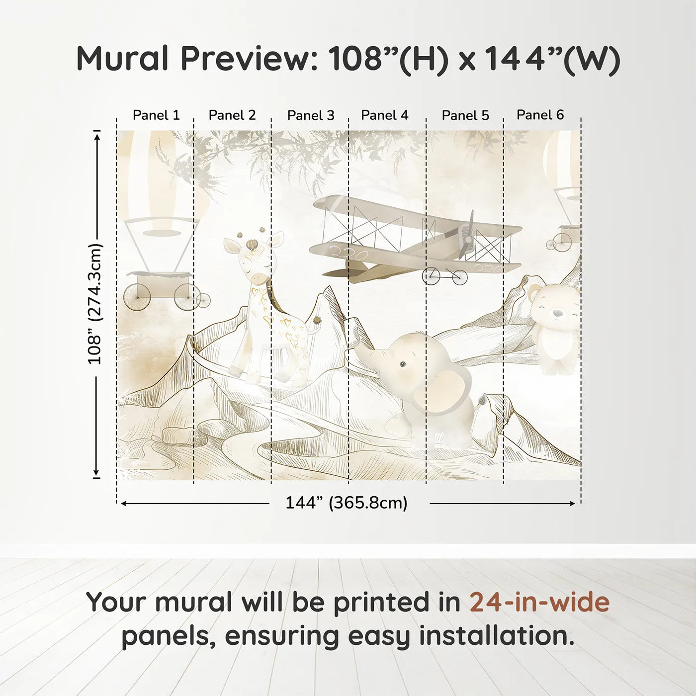 Whimsy Tots Safari Mountain Adventure Wall Muraldimension view (108" H x 144" W). Printed in six 24-inch-wide panels. Gender-Neutral