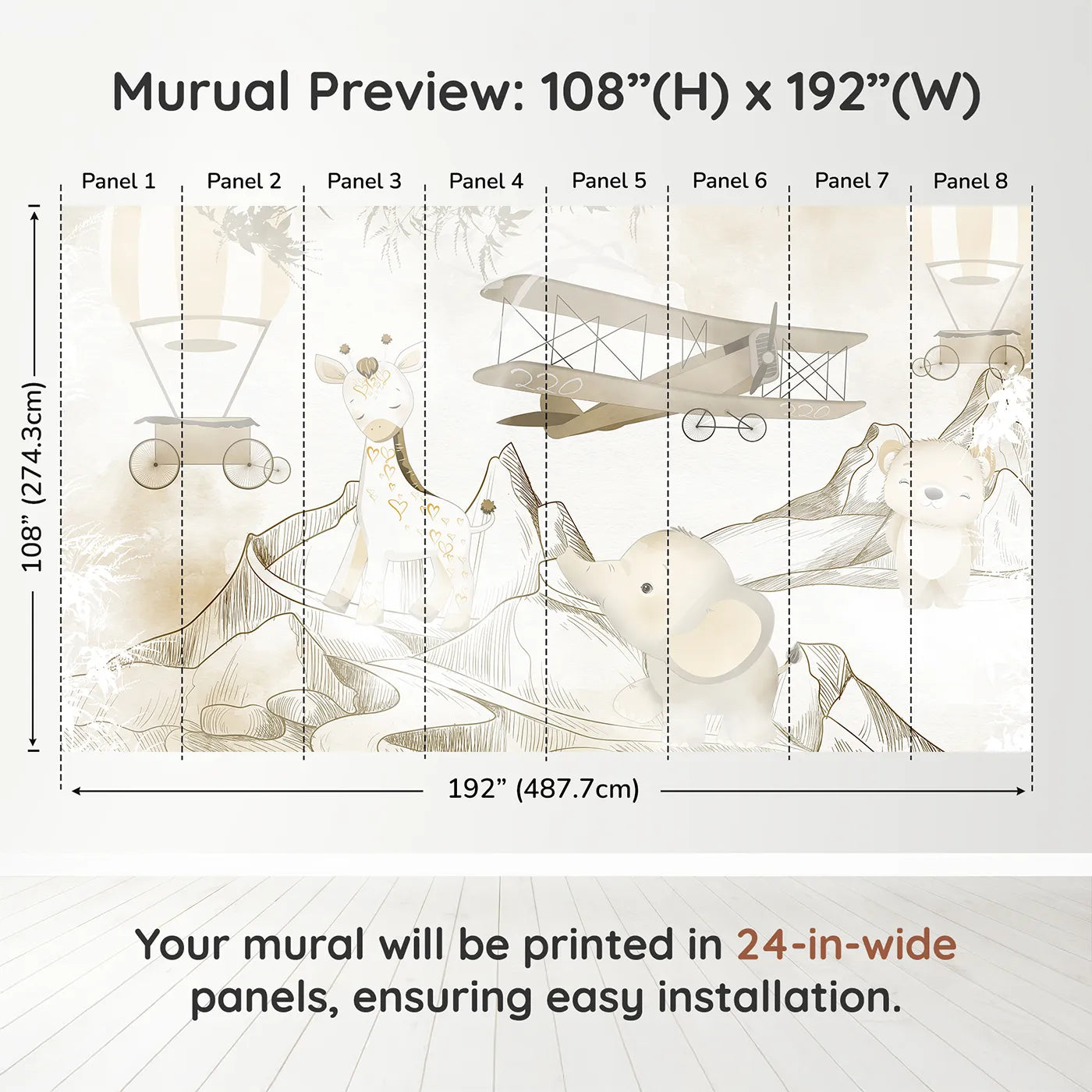 Whimsy Tots Safari Mountain Adventure Wall Muraldimension view (108" H x 192" W). Printed in eight 24-inch-wide panels. Gender-Neutral