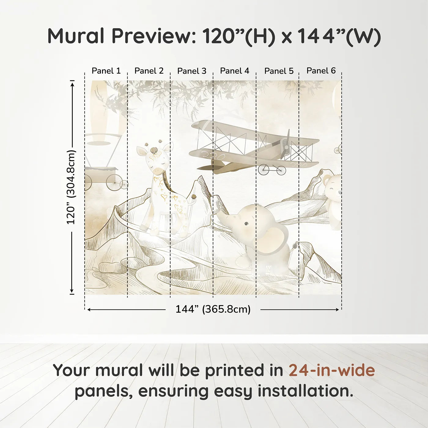 Whimsy Tots Safari Mountain Adventure Wall Muraldimension view (120" H x 144" W). Printed in six 24-inch-wide panels. Gender-Neutral