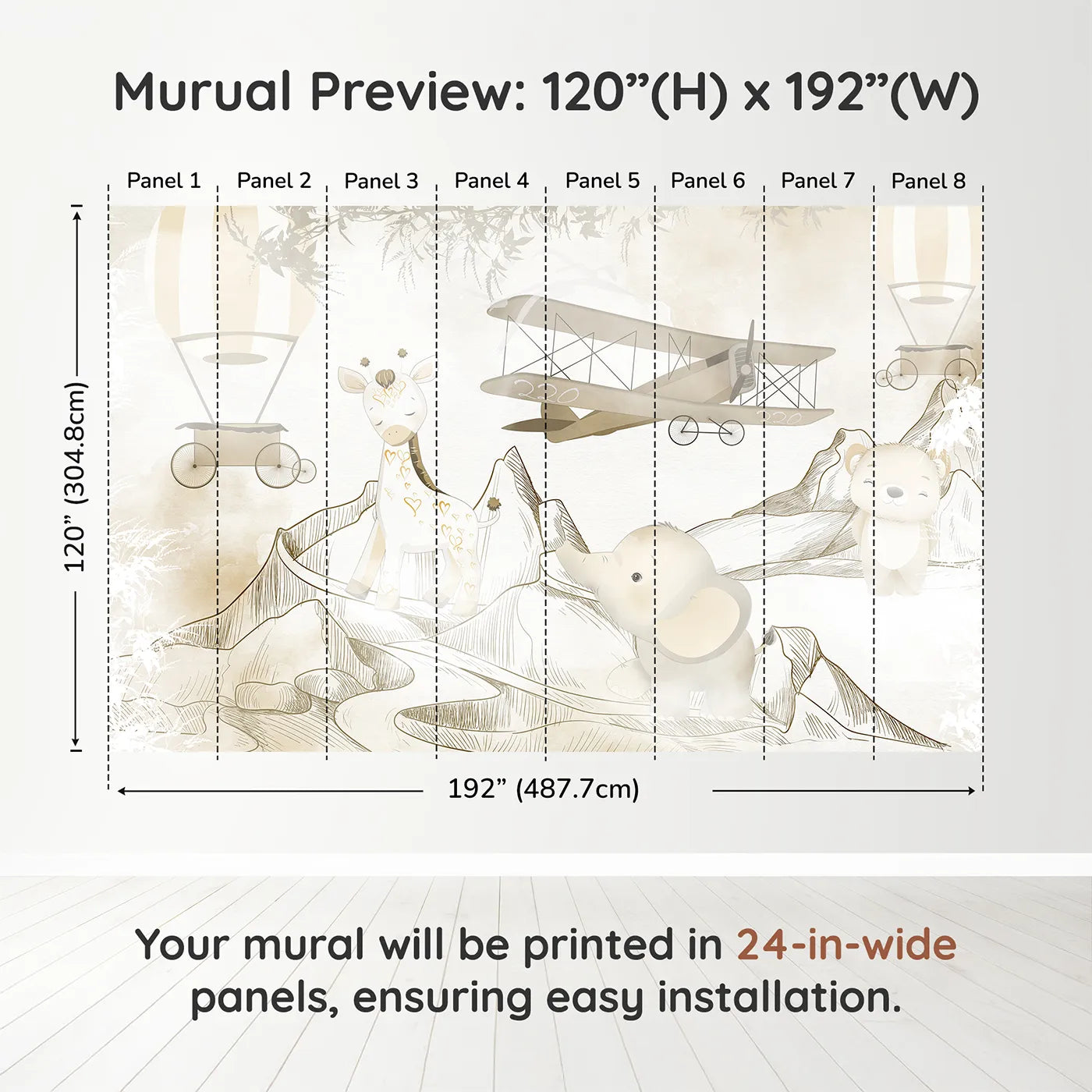 Whimsy Tots Safari Mountain Adventure Wall Muraldimension view (120" H x 192" W). Printed in eight 24-inch-wide panels. Gender-Neutral