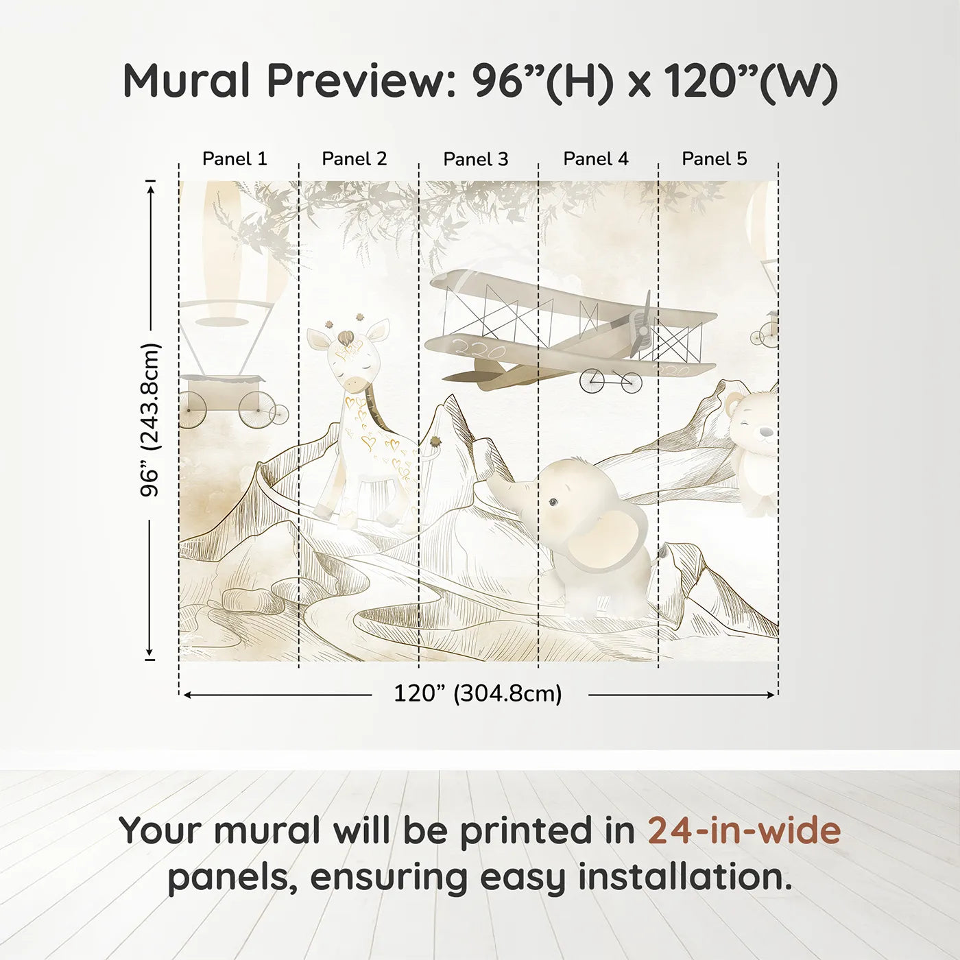 Whimsy Tots Safari Mountain Adventure Wall Muraldimension view (96" H x 120" W). Printed in five 24-inch-wide panels. Gender-Neutral