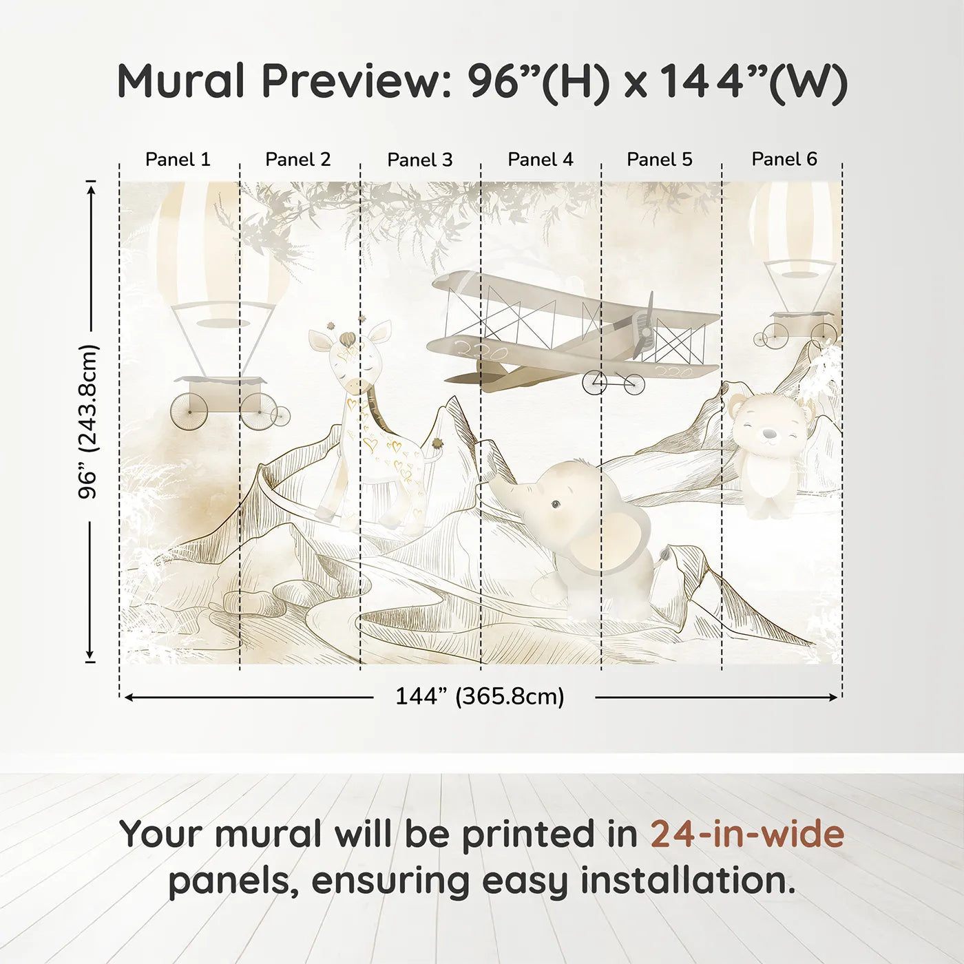 Whimsy Tots Safari Mountain Adventure Wall Muraldimension view (96" H x 144" W). Printed in six 24-inch-wide panels. Gender-Neutral