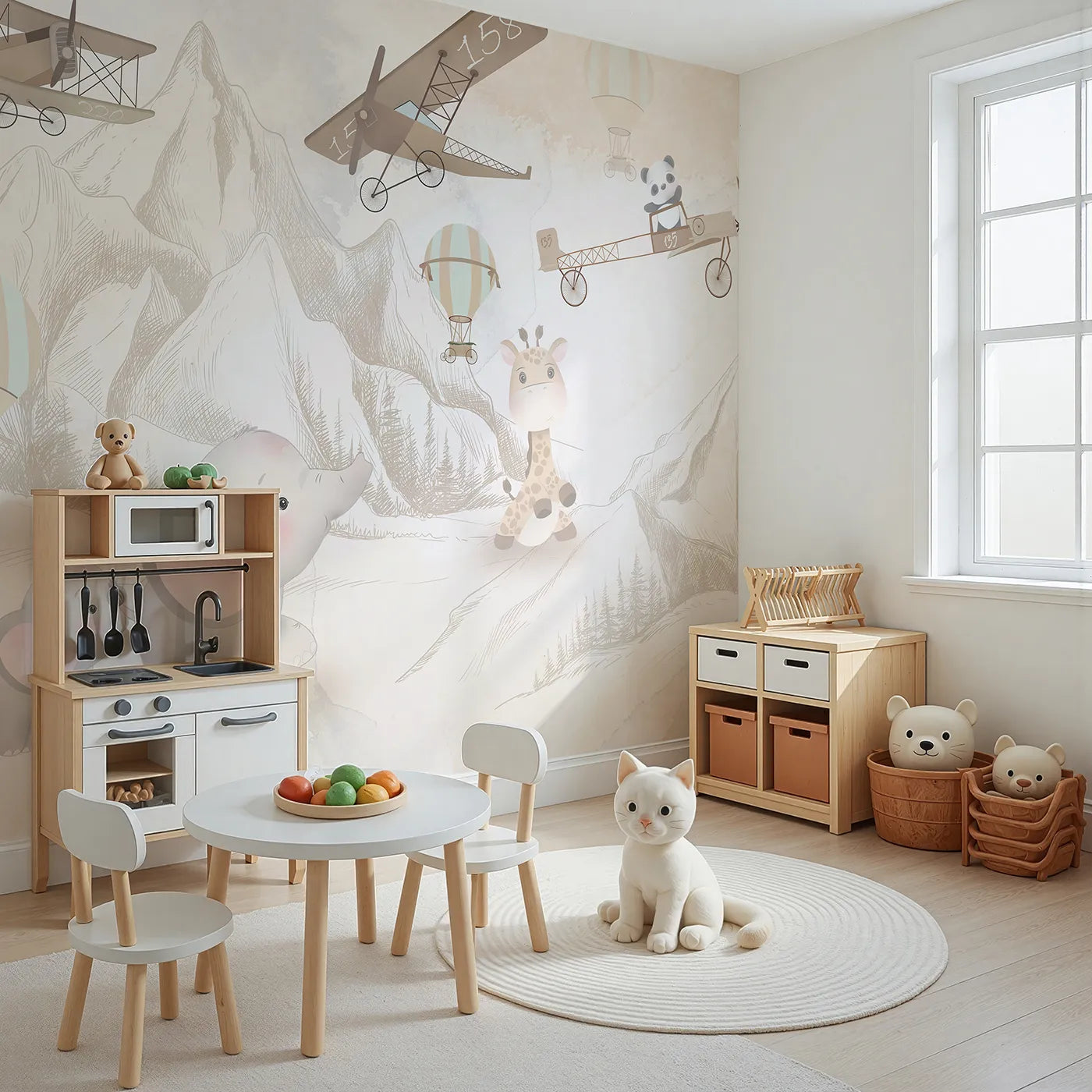 Angled view of Whimsy Tots' Safari Sketch Adventure Wall Mural (Turn Their Room into a Page from an Explorer's Journal).Gender-Neutral