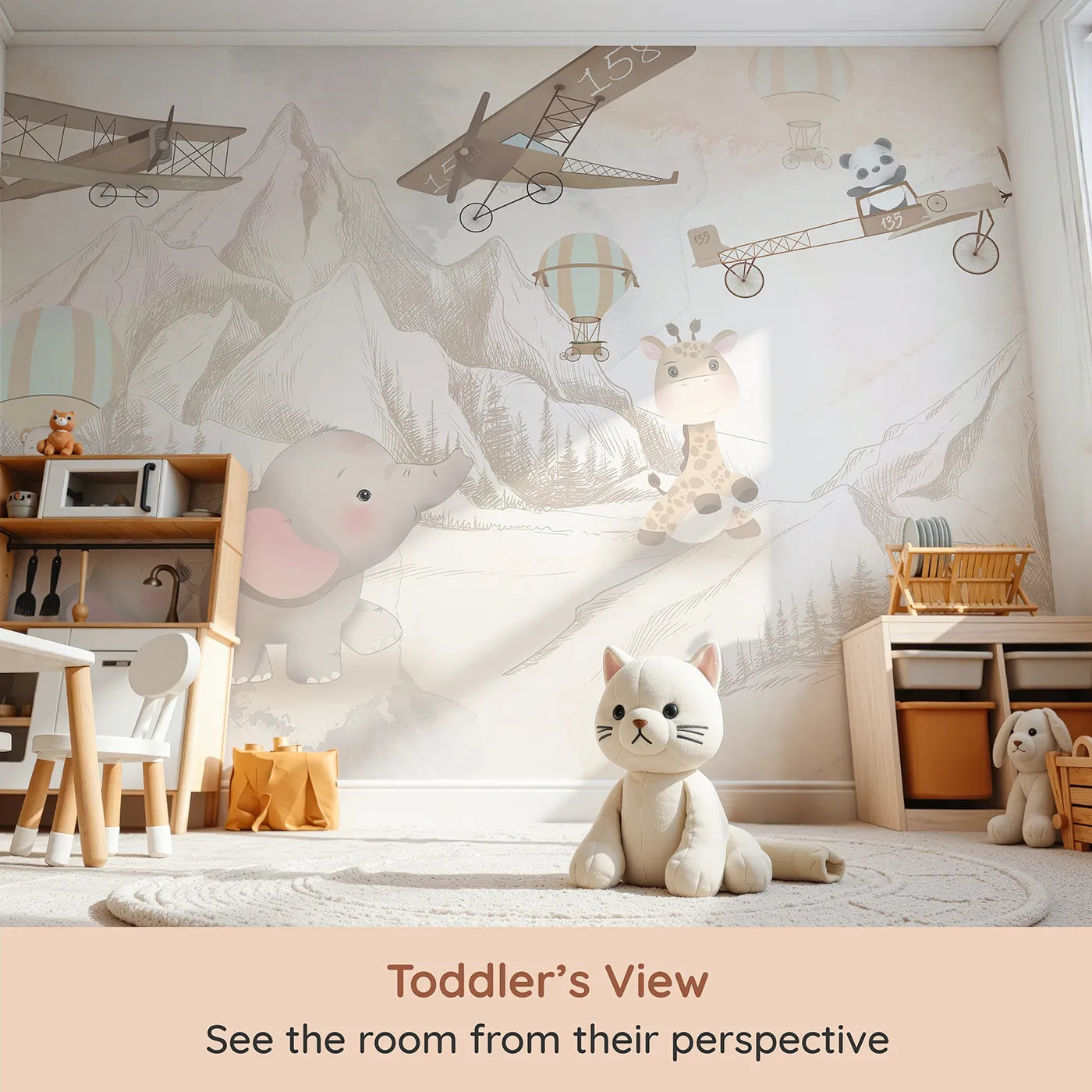 Whimsy Tots Safari Sketch Adventure Wall Mural (Turn Their Room into a Page from an Explorer's Journal) from your child's view.Gender-Neutral