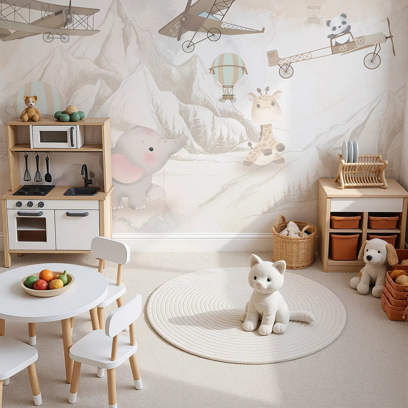 Top-down view of Whimsy Tots' Safari Sketch Adventure Wall Mural (Turn Their Room into a Page from an Explorer's Journal).Gender-Neutral