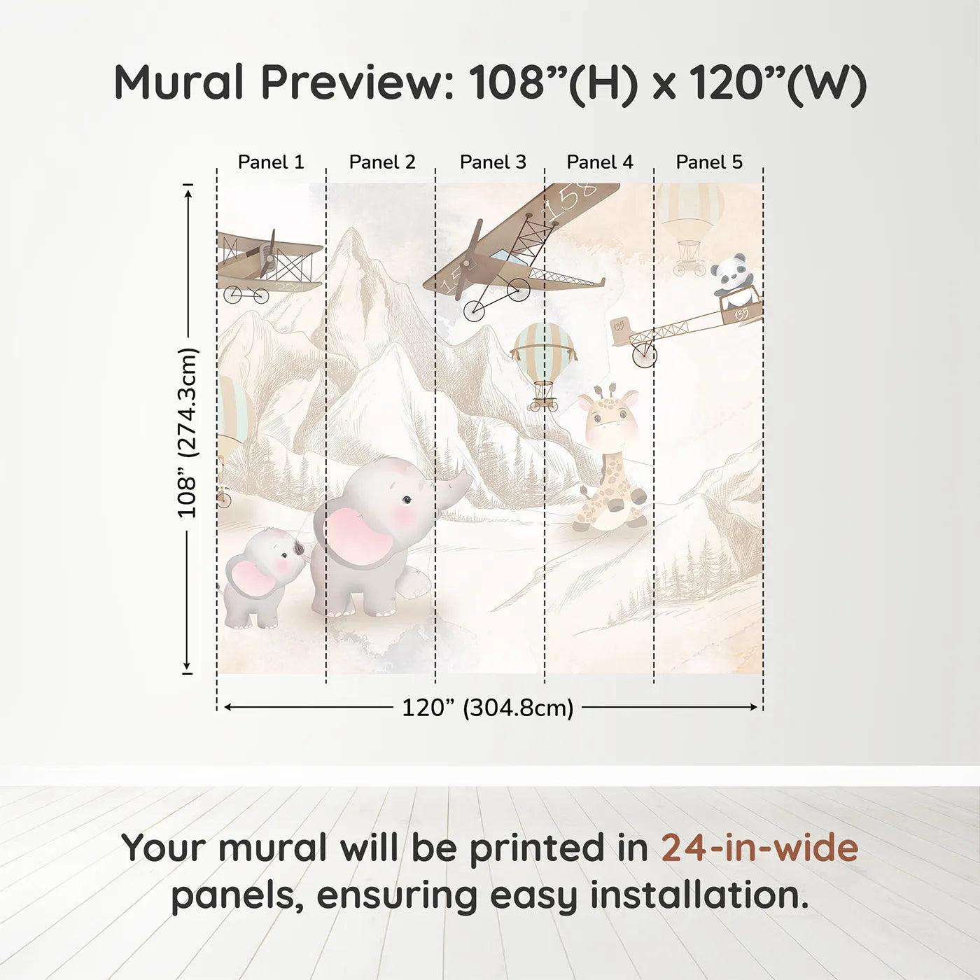 Whimsy Tots Safari Sketch Adventure Wall Muraldimension view (108" H x 120" W). Printed in five 24-inch-wide panels. Gender-Neutral