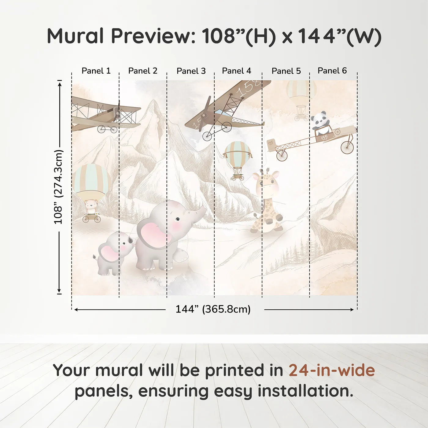 Whimsy Tots Safari Sketch Adventure Wall Muraldimension view (108" H x 144" W). Printed in six 24-inch-wide panels. Gender-Neutral