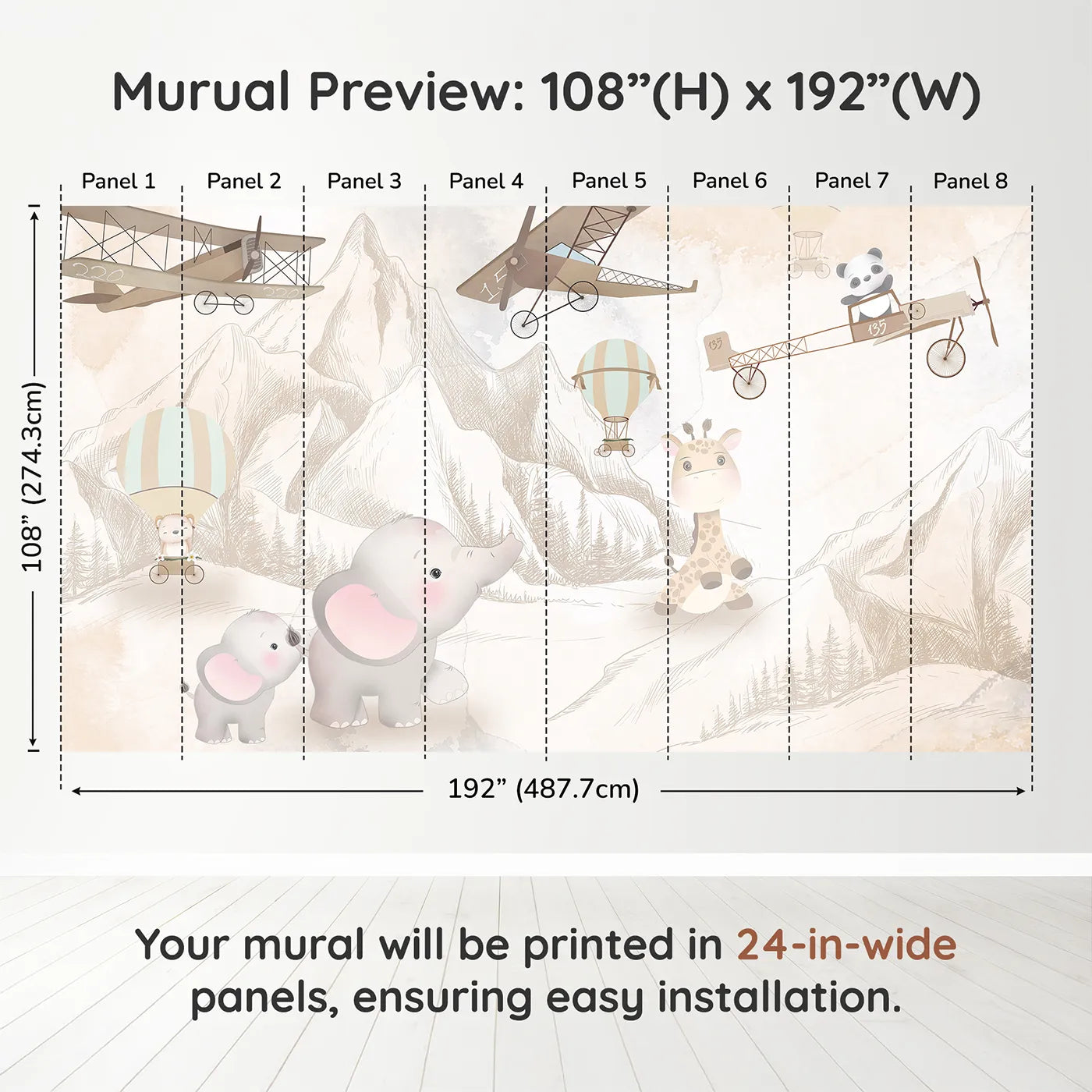 Whimsy Tots Safari Sketch Adventure Wall Muraldimension view (108" H x 192" W). Printed in eight 24-inch-wide panels. Gender-Neutral