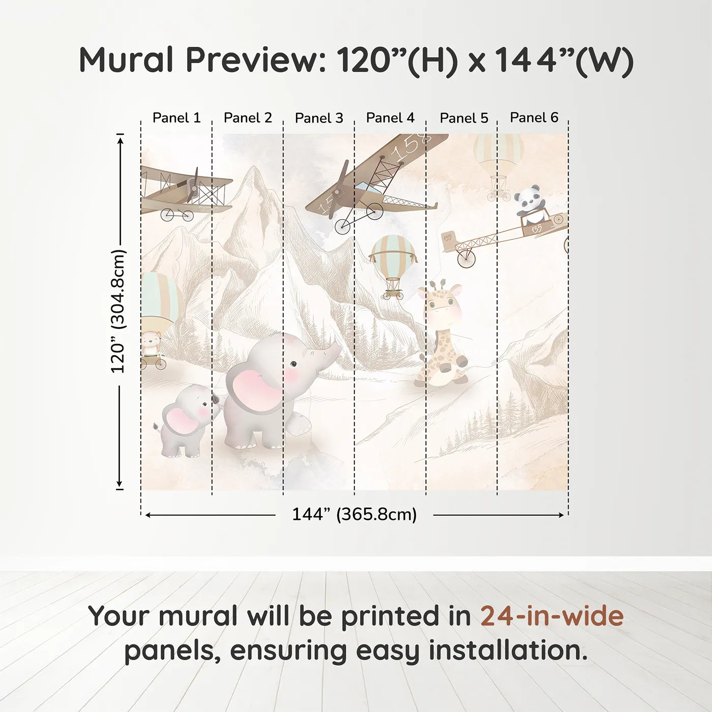 Whimsy Tots Safari Sketch Adventure Wall Muraldimension view (120" H x 144" W). Printed in six 24-inch-wide panels. Gender-Neutral