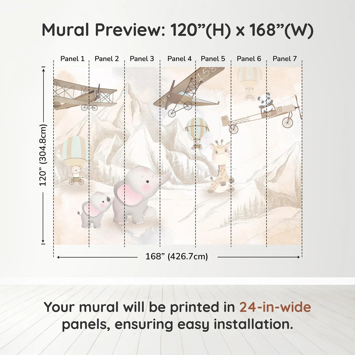 Whimsy Tots Safari Sketch Adventure Wall Muraldimension view (120" H x 168" W). Printed in seven 24-inch-wide panels. Gender-Neutral
