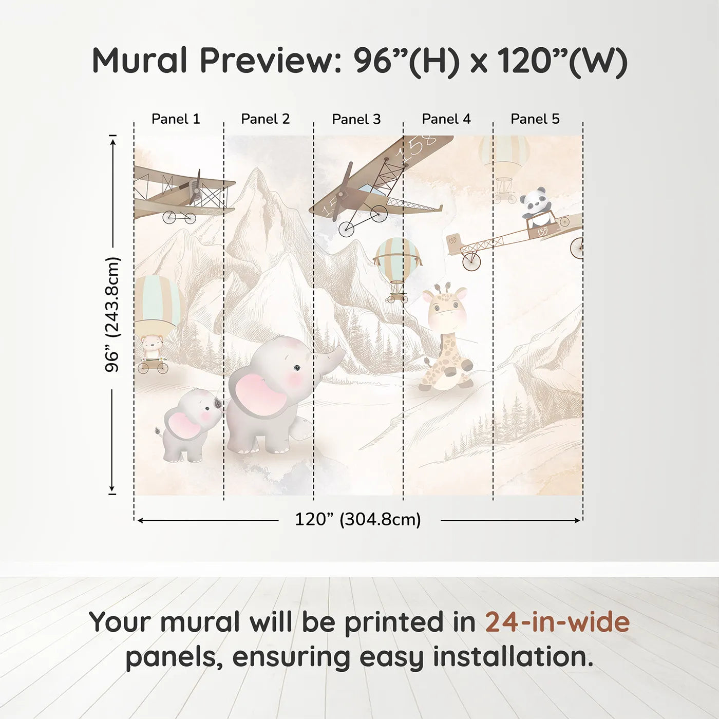 Whimsy Tots Safari Sketch Adventure Wall Muraldimension view (96" H x 120" W). Printed in five 24-inch-wide panels. Gender-Neutral