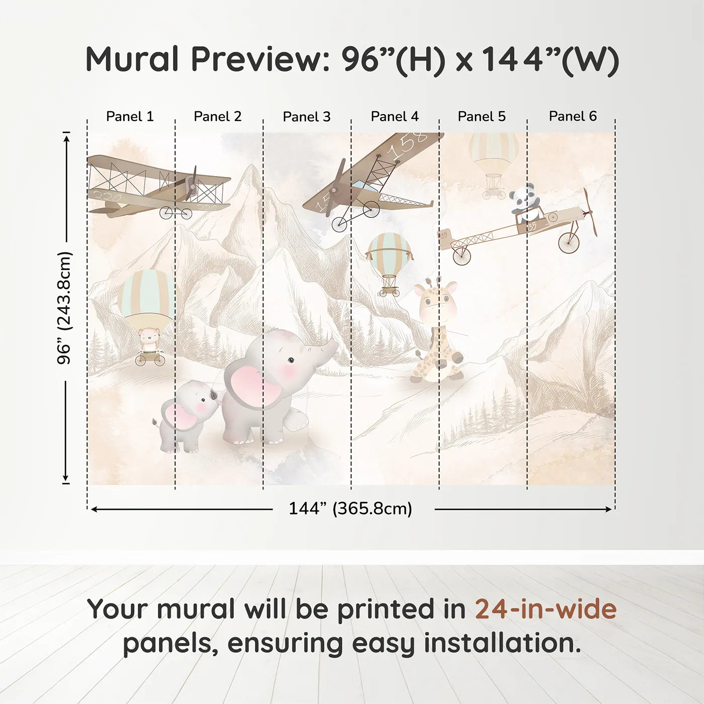 Whimsy Tots Safari Sketch Adventure Wall Muraldimension view (96" H x 144" W). Printed in six 24-inch-wide panels. Gender-Neutral