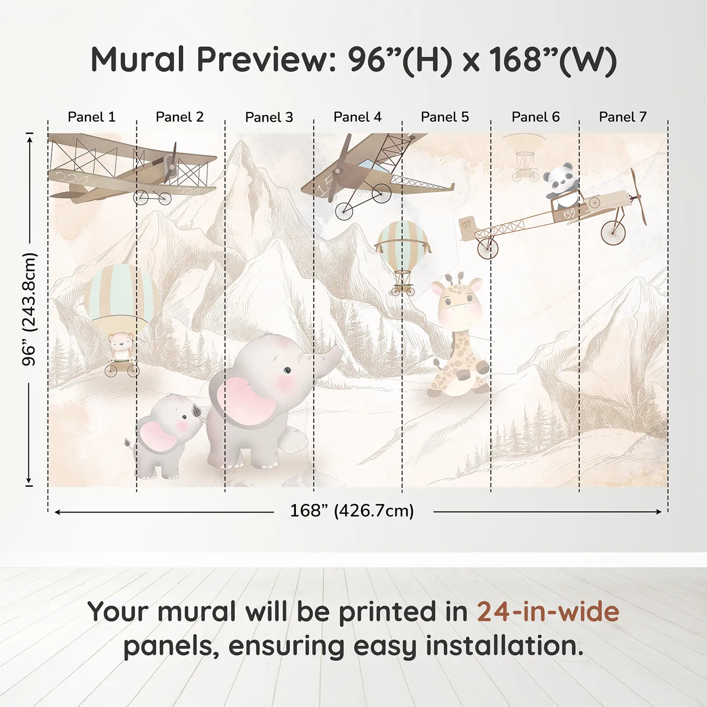 Whimsy Tots Safari Sketch Adventure Wall Muraldimension view (96" H x 168" W). Printed in seven 24-inch-wide panels. Gender-Neutral