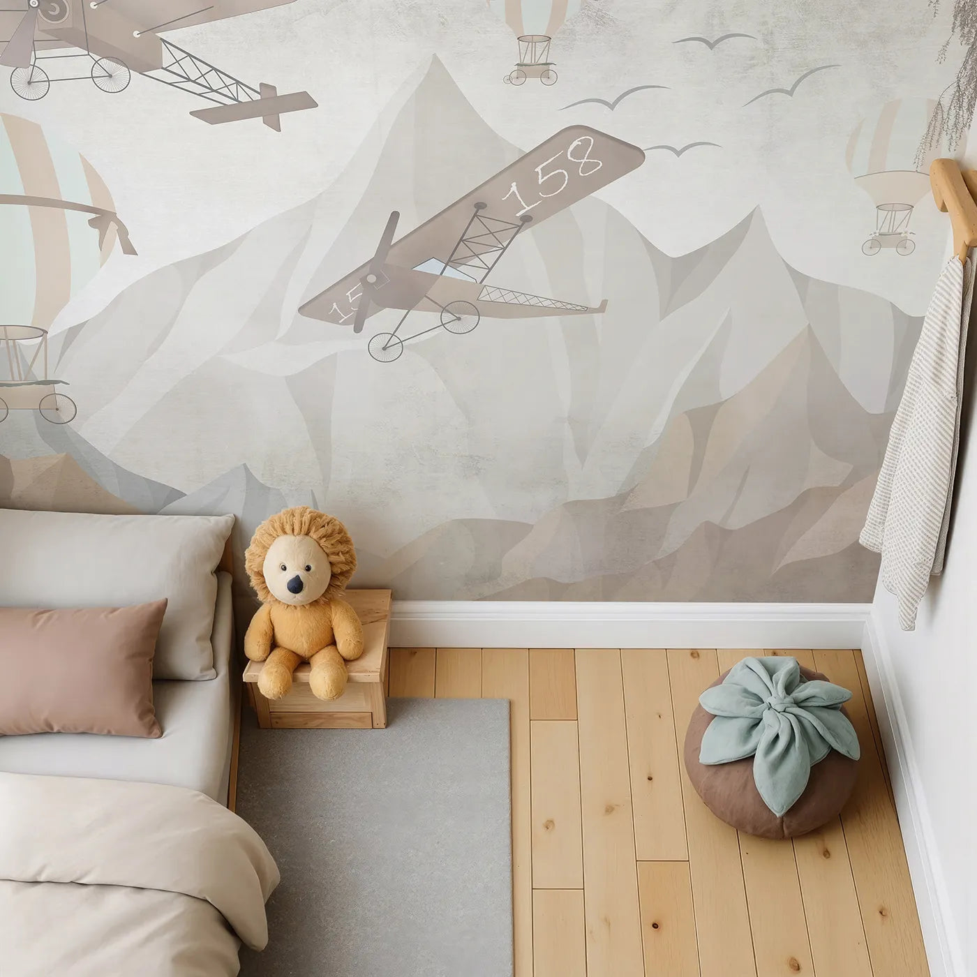 Top-down view of Whimsy Tots' Mountain Airship Adventure Wall Mural (Turn Their Room into a Grand and Gritty Expedition).Gender-Neutral