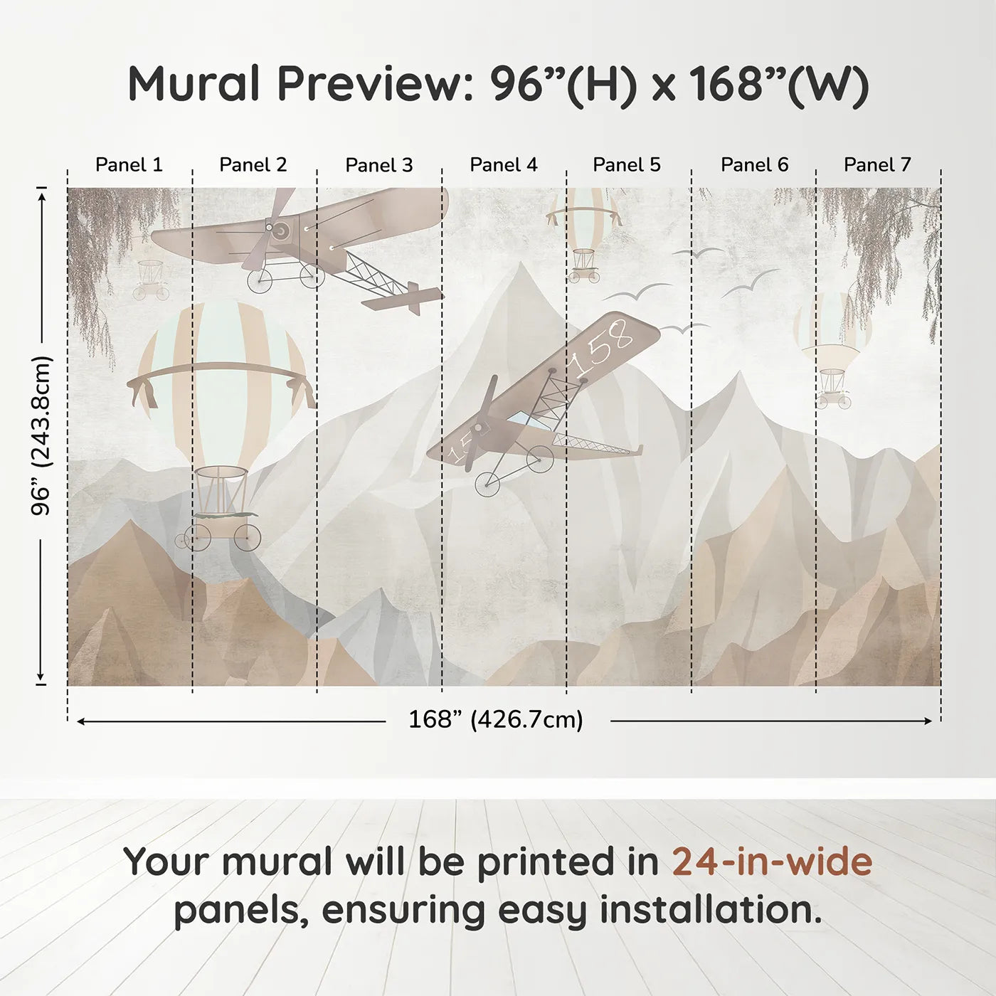 Whimsy Tots Mountain Airship Adventure Wall Muraldimension view (96" H x 168" W). Printed in seven 24-inch-wide panels. Gender-Neutral