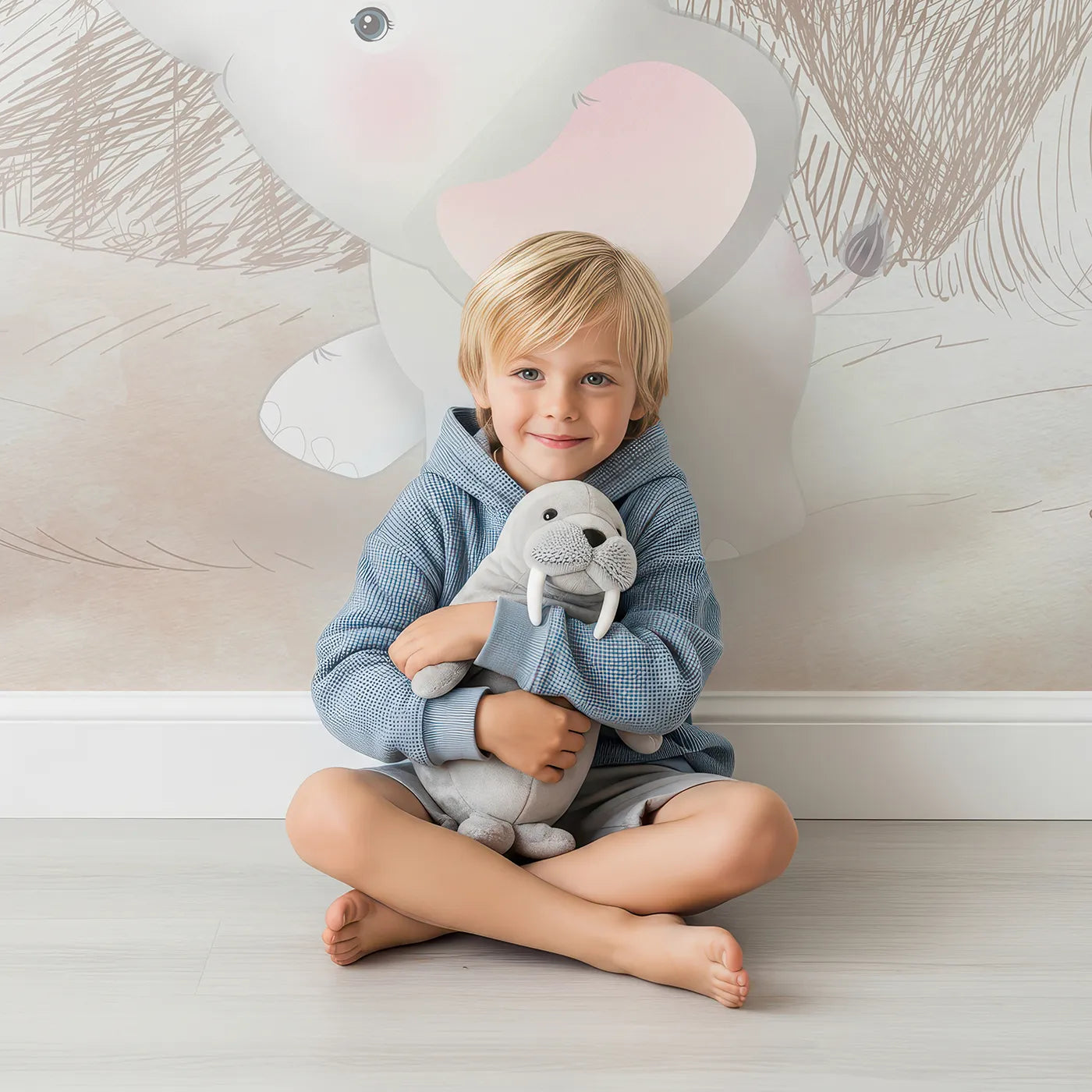 Child in front of Whimsy Tots Safari Sketchbook Wall Mural with animal, safari, airplane, balloon, vintage, cute, mountain, sketch in design.