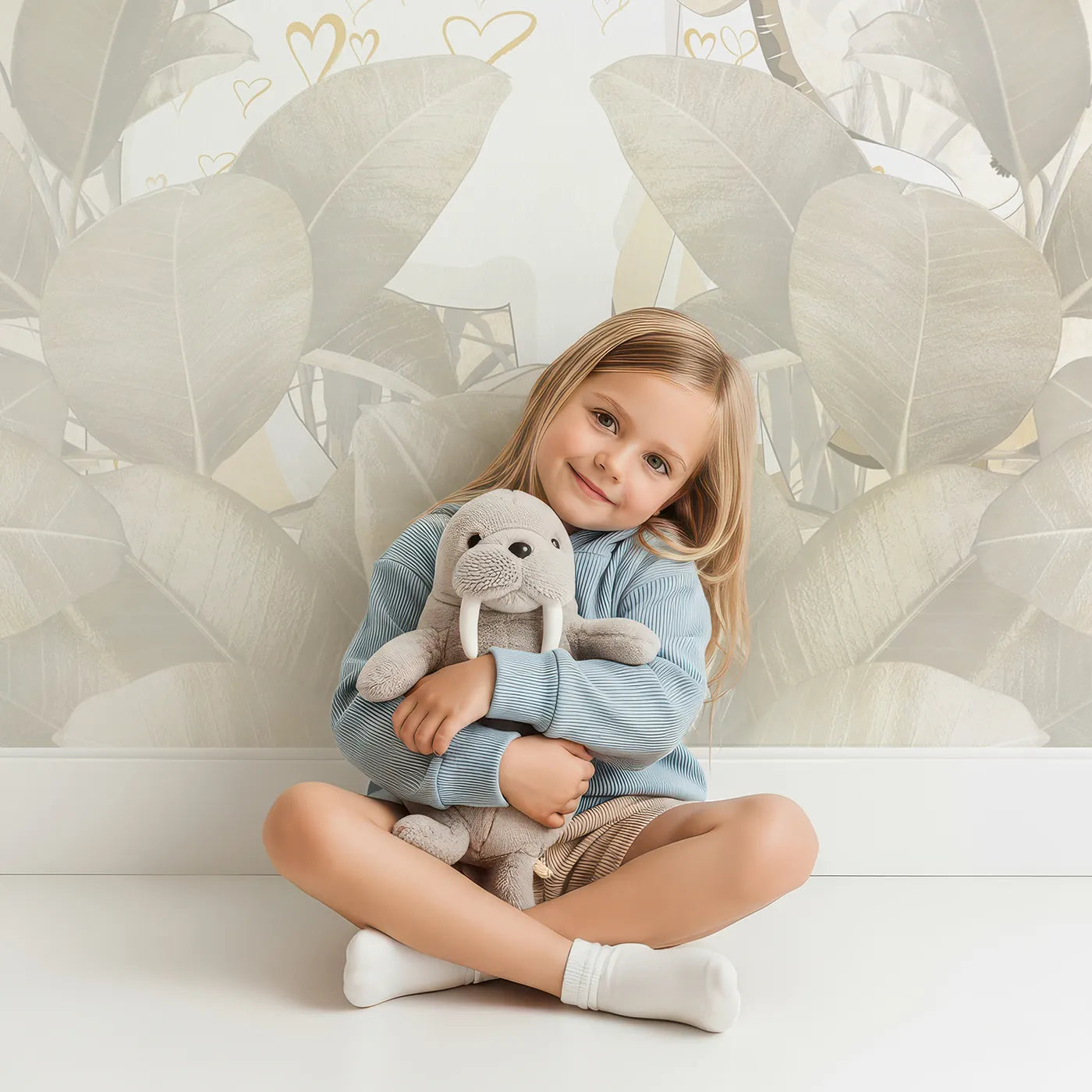 Child in front of Whimsy Tots Golden Safari Wall Mural with safari, jungle, animal, cute, gold, brown, leaf, gentle in design.