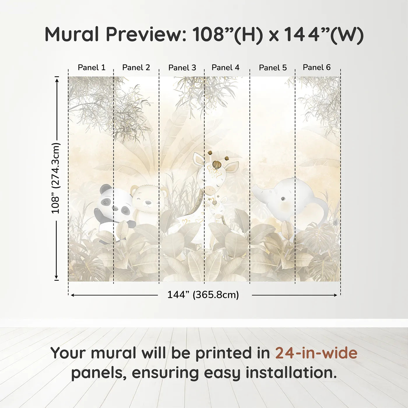 Whimsy Tots Golden Safari Wall Muraldimension view (108" H x 144" W). Printed in six 24-inch-wide panels. Gender-Neutral