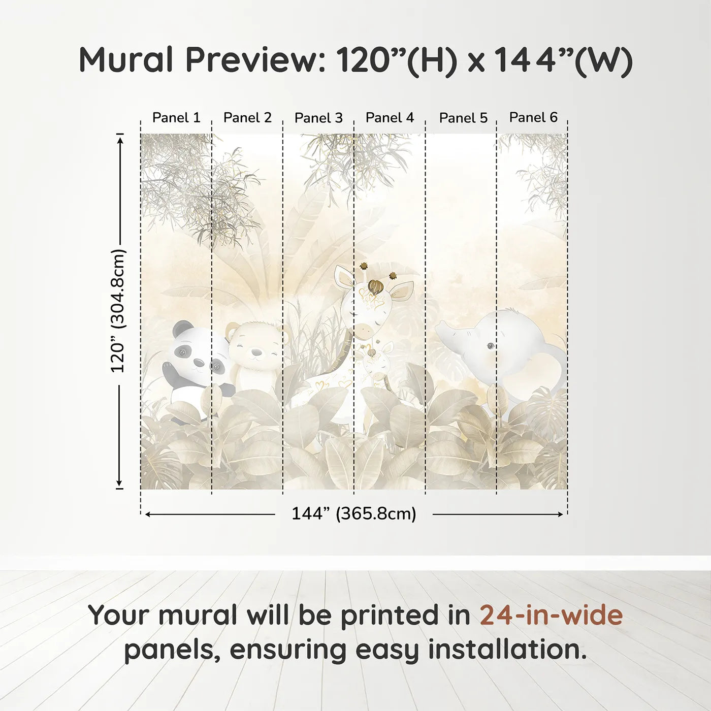 Whimsy Tots Golden Safari Wall Muraldimension view (120" H x 144" W). Printed in six 24-inch-wide panels. Gender-Neutral