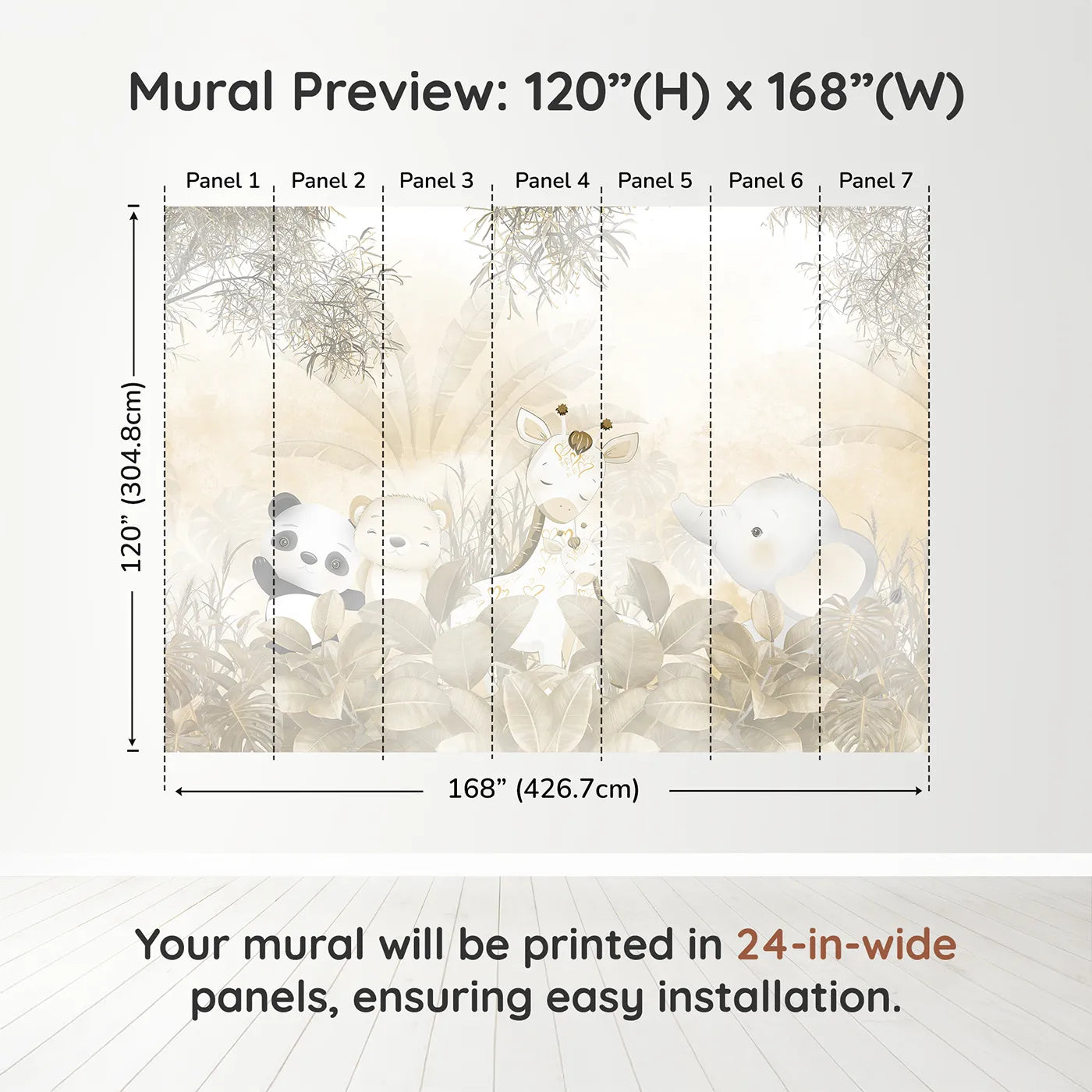 Whimsy Tots Golden Safari Wall Muraldimension view (120" H x 168" W). Printed in seven 24-inch-wide panels. Gender-Neutral