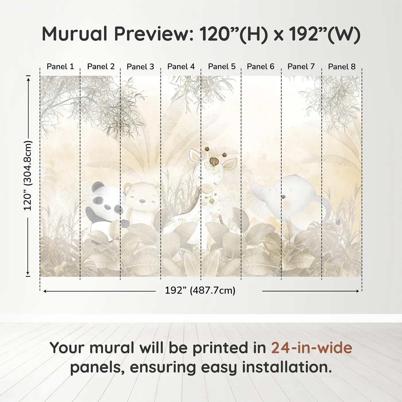 Whimsy Tots Golden Safari Wall Muraldimension view (120" H x 192" W). Printed in eight 24-inch-wide panels. Gender-Neutral