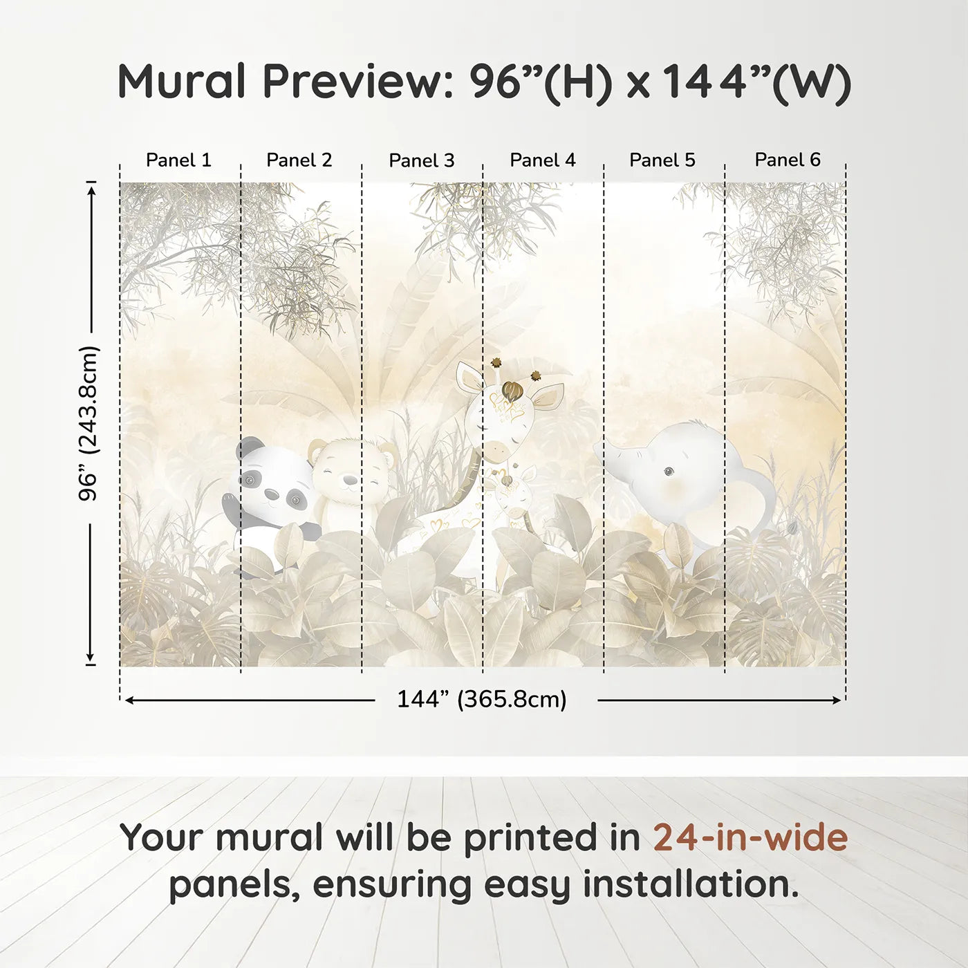 Whimsy Tots Golden Safari Wall Muraldimension view (96" H x 144" W). Printed in six 24-inch-wide panels. Gender-Neutral