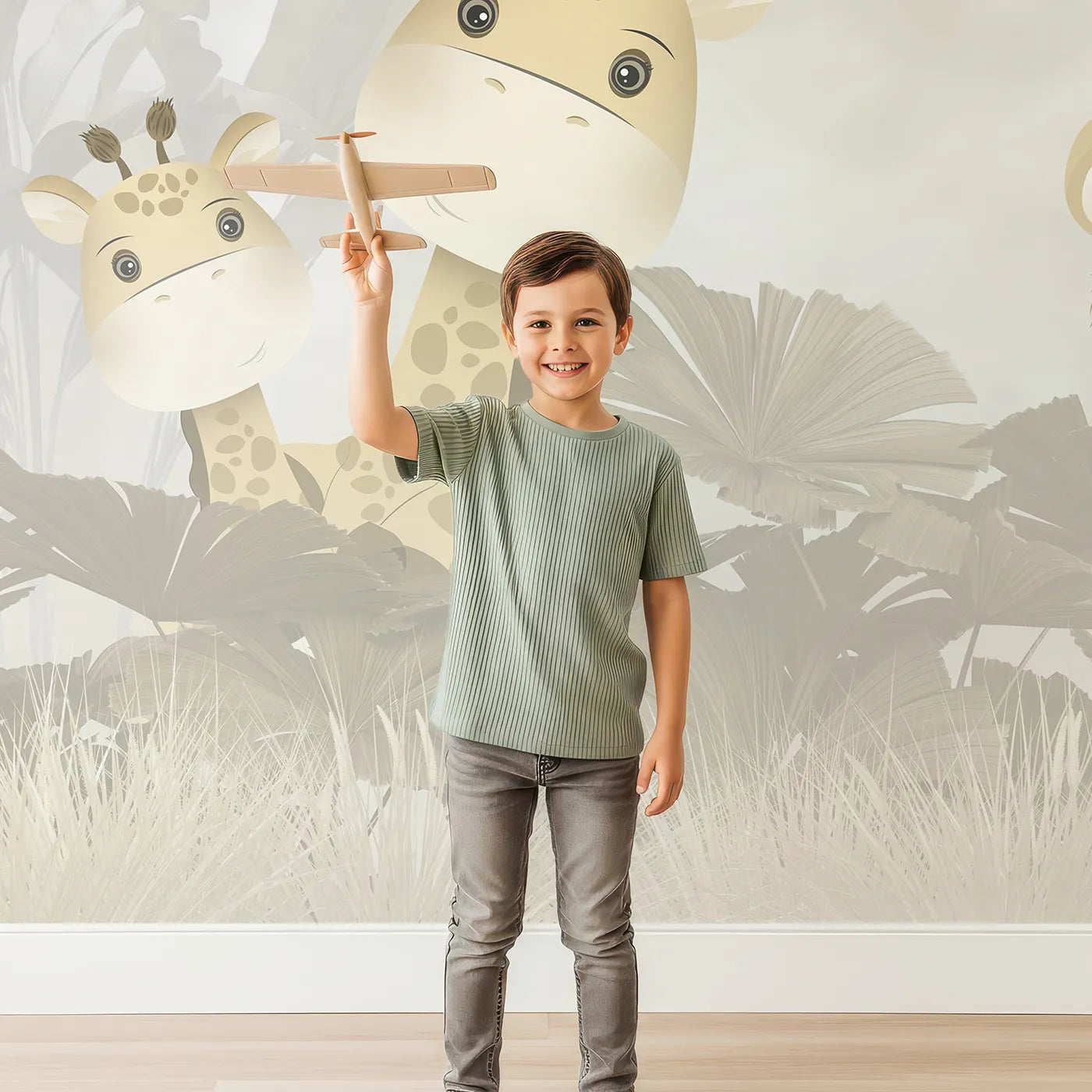 Child in front of Whimsy Tots Safari Explorer Club Wall Mural with animal, safari, airplane, balloon, vintage, cute, jungle, neutral in design.