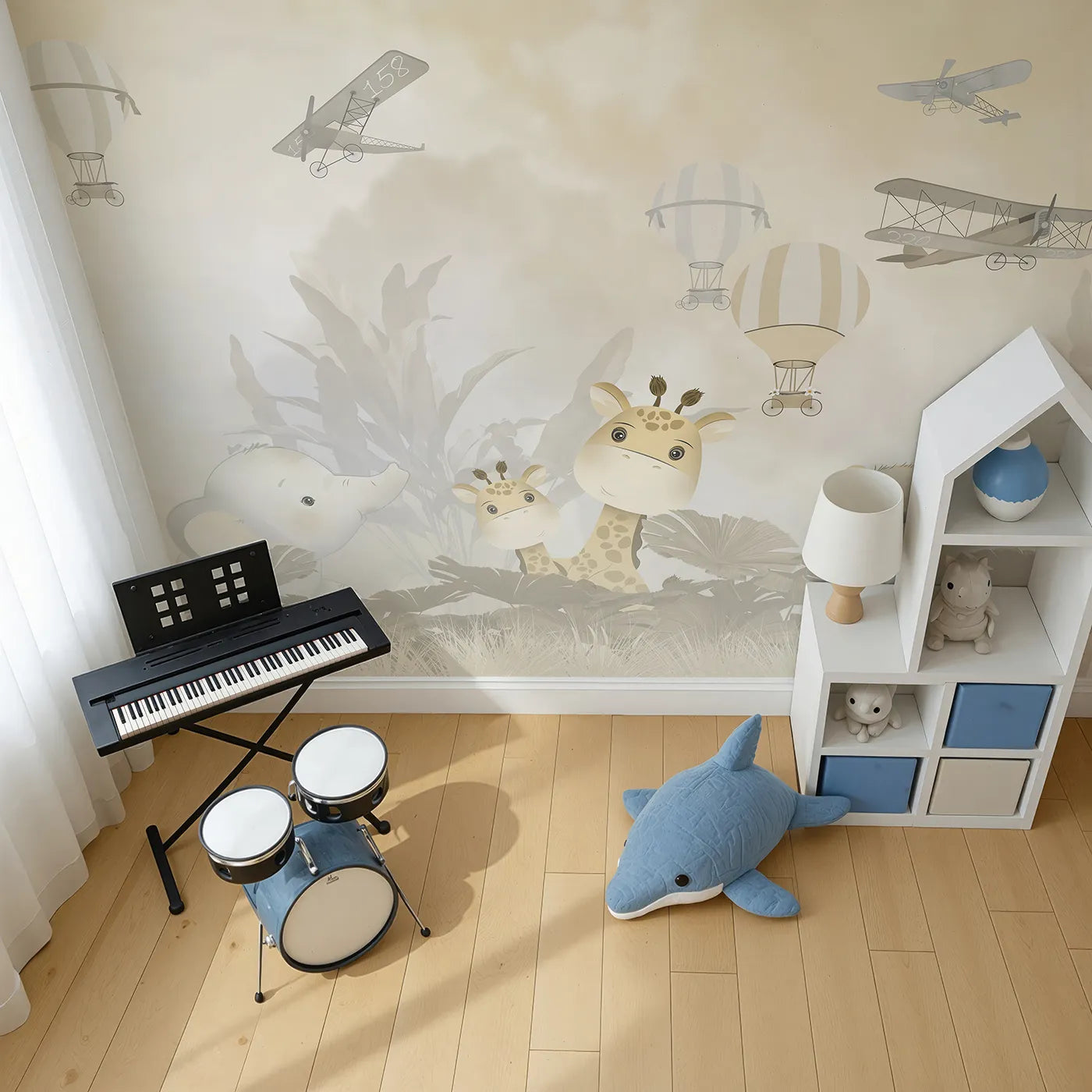 Top-down view of Whimsy Tots' Safari Explorer Club Wall Mural (Turn Their Room into a High-Flying Jungle Adventure).Gender-Neutral