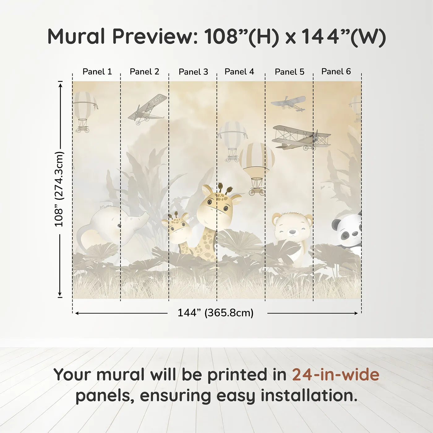 Whimsy Tots Safari Explorer Club Wall Muraldimension view (108" H x 144" W). Printed in six 24-inch-wide panels. Gender-Neutral