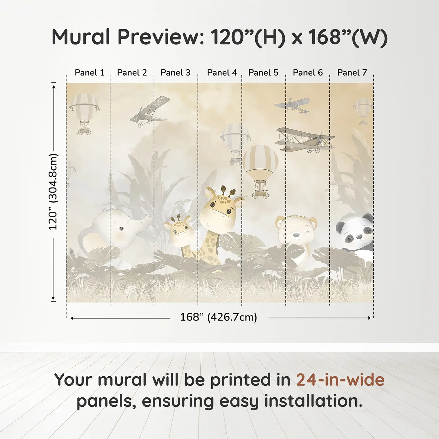 Whimsy Tots Safari Explorer Club Wall Muraldimension view (120" H x 168" W). Printed in seven 24-inch-wide panels. Gender-Neutral