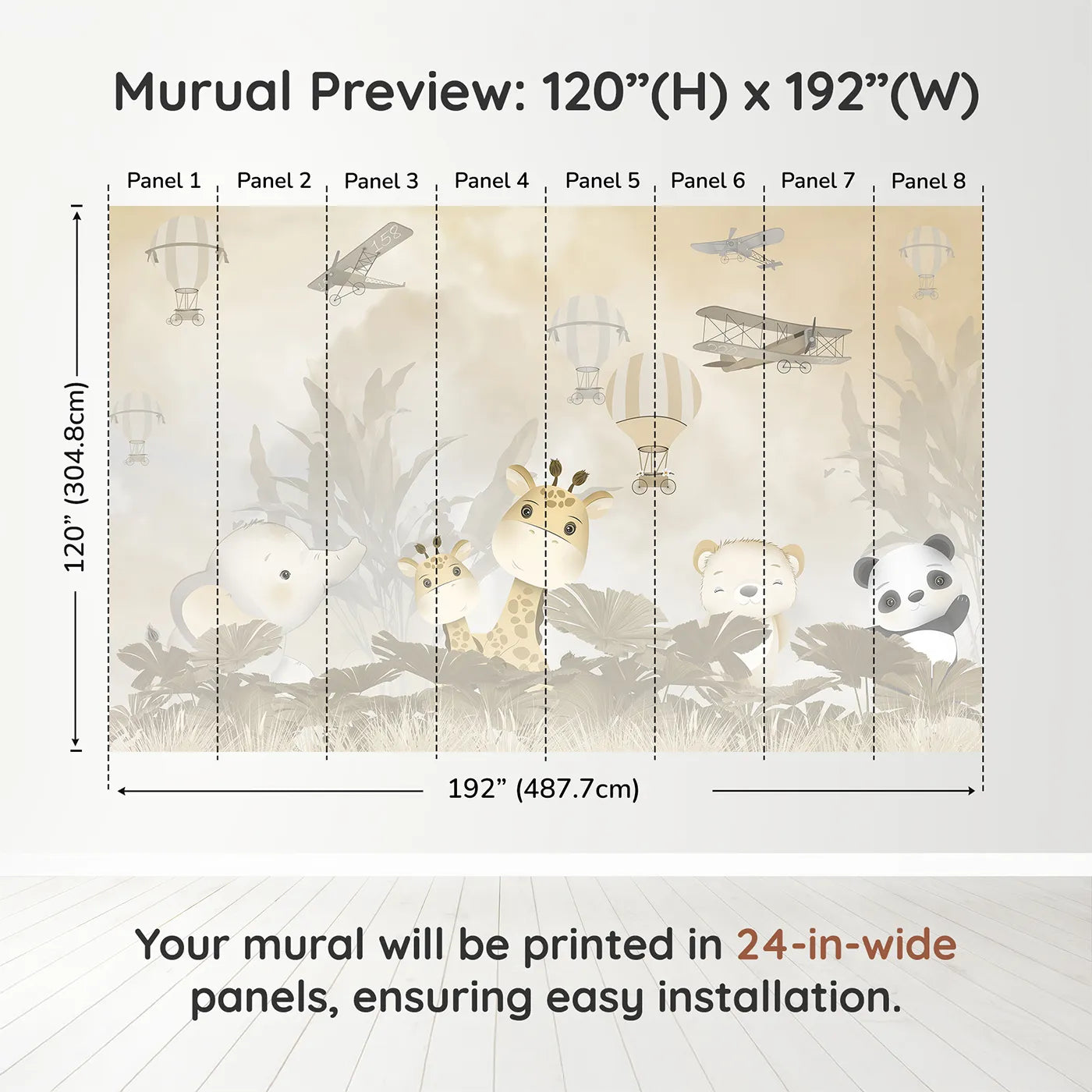 Whimsy Tots Safari Explorer Club Wall Muraldimension view (120" H x 192" W). Printed in eight 24-inch-wide panels. Gender-Neutral