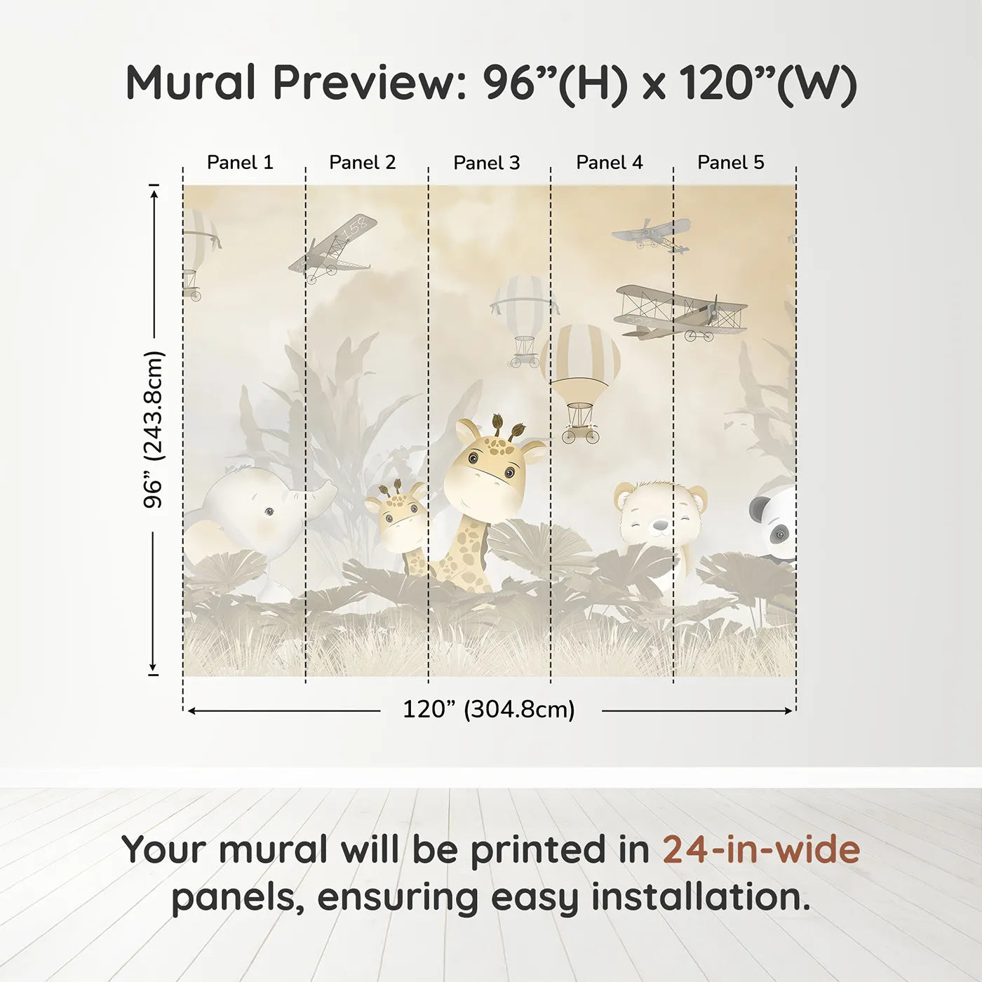 Whimsy Tots Safari Explorer Club Wall Muraldimension view (96" H x 120" W). Printed in five 24-inch-wide panels. Gender-Neutral