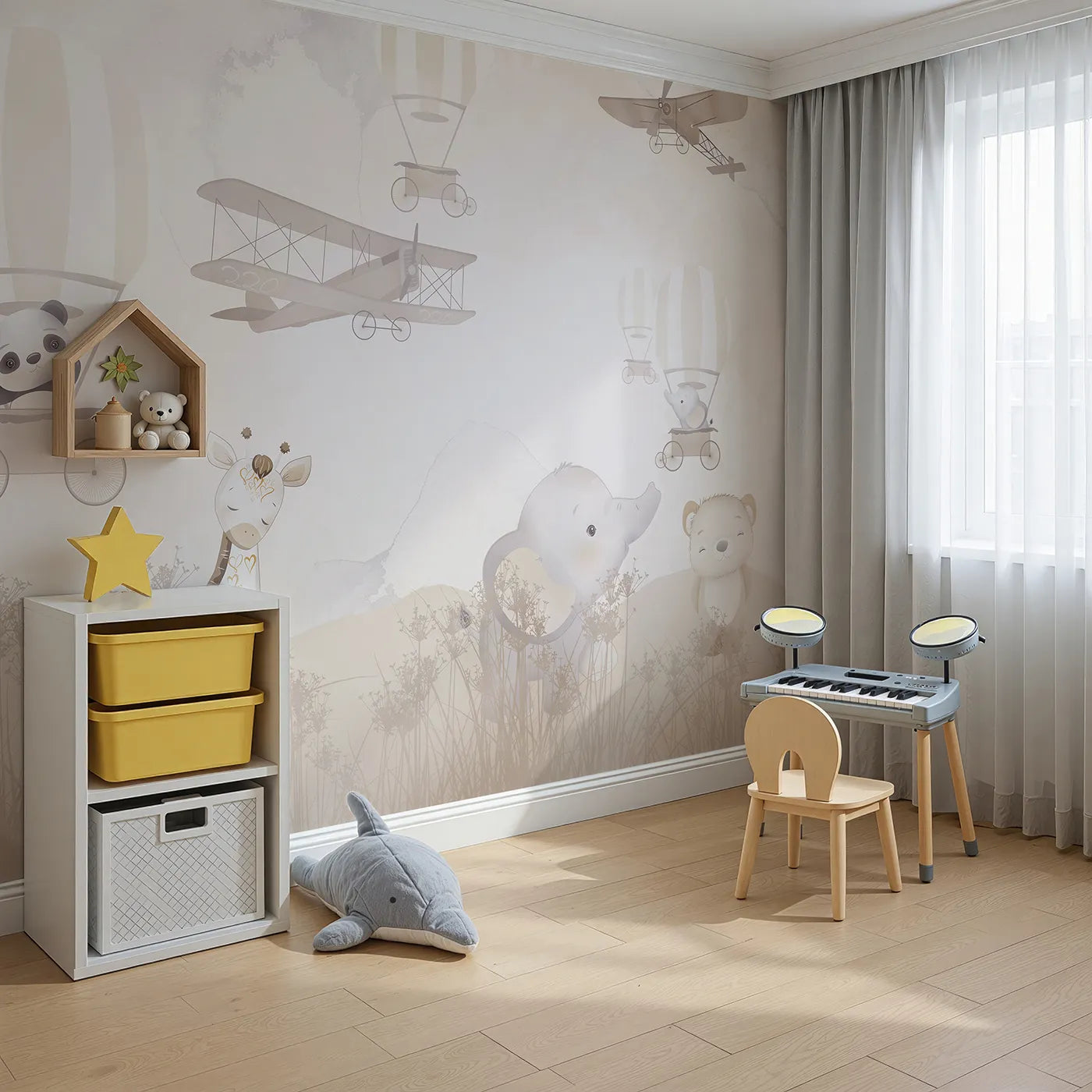 Angled view of Whimsy Tots' Gentle Safari Friends Wall Mural (Turn Their Room into the Sweetest, Most Peaceful Meadow).Gender-Neutral