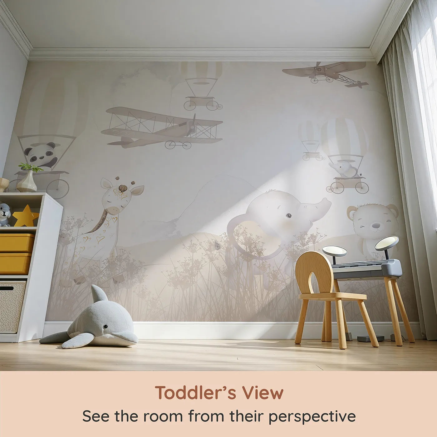 Whimsy Tots Gentle Safari Friends Wall Mural (Turn Their Room into the Sweetest, Most Peaceful Meadow) from your child's view.Gender-Neutral