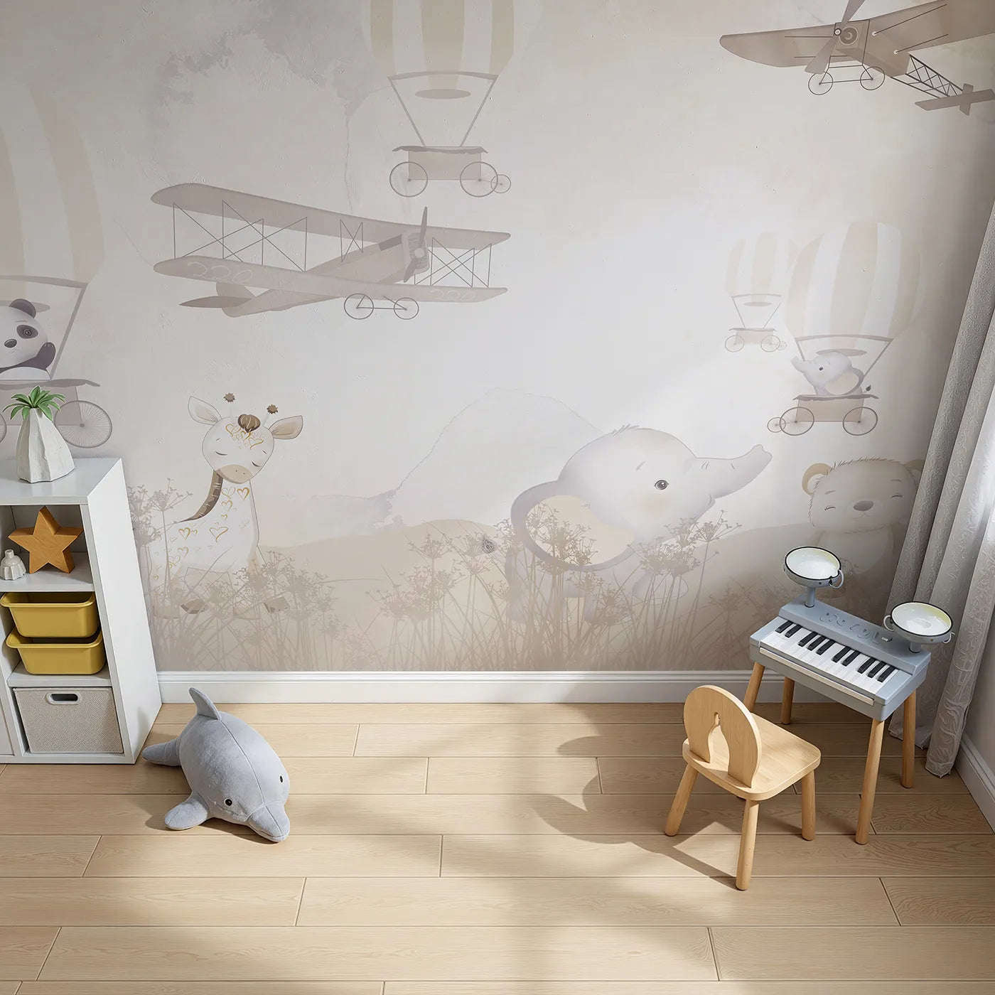 Top-down view of Whimsy Tots' Gentle Safari Friends Wall Mural (Turn Their Room into the Sweetest, Most Peaceful Meadow).Gender-Neutral