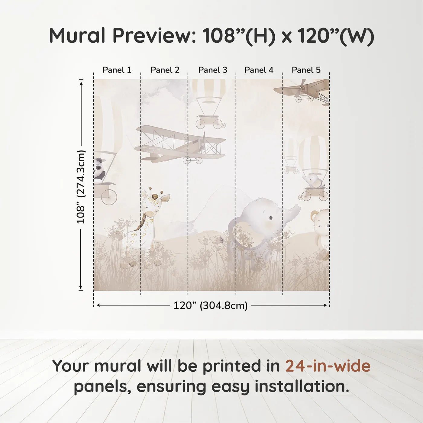 Whimsy Tots Gentle Safari Friends Wall Muraldimension view (108" H x 120" W). Printed in five 24-inch-wide panels. Gender-Neutral