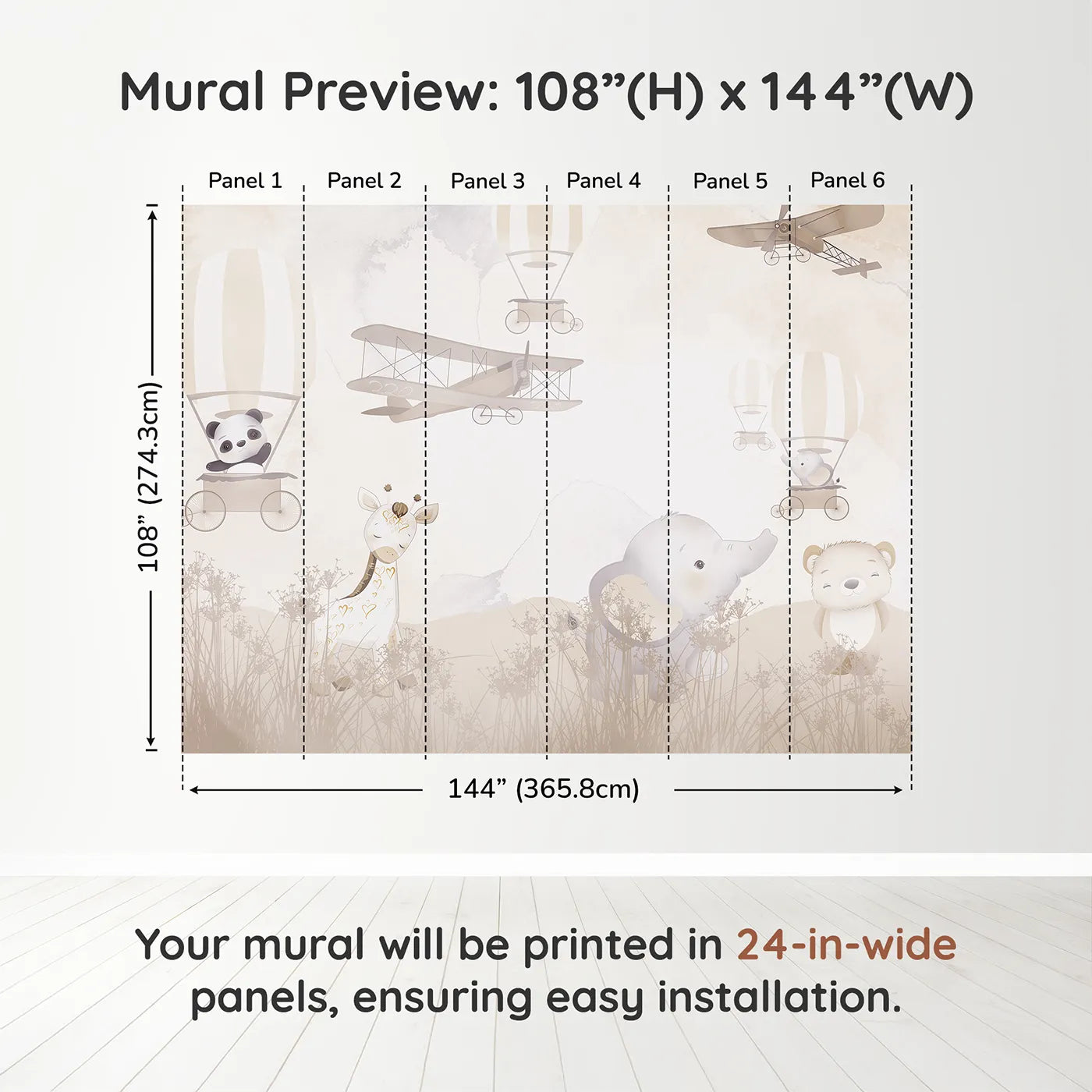 Whimsy Tots Gentle Safari Friends Wall Muraldimension view (108" H x 144" W). Printed in six 24-inch-wide panels. Gender-Neutral