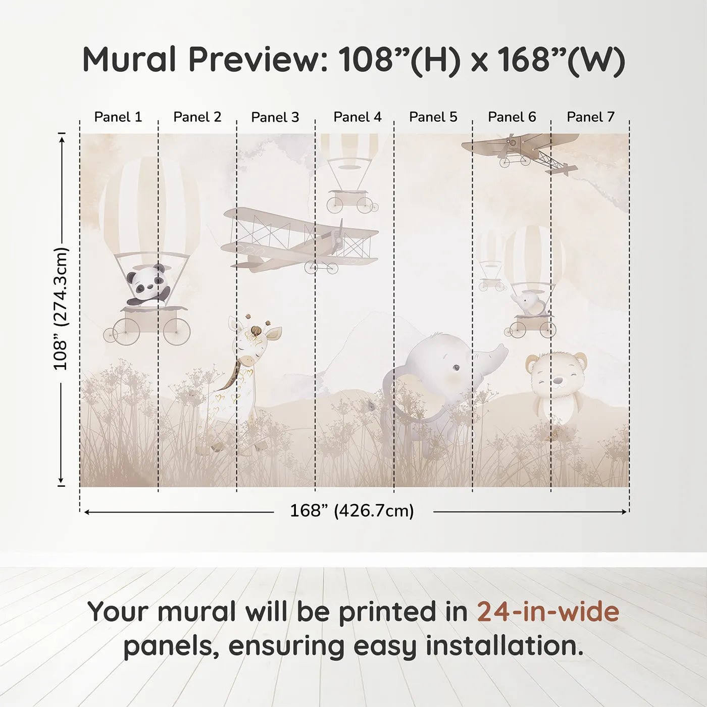 Whimsy Tots Gentle Safari Friends Wall Muraldimension view (108" H x 168" W). Printed in seven 24-inch-wide panels. Gender-Neutral