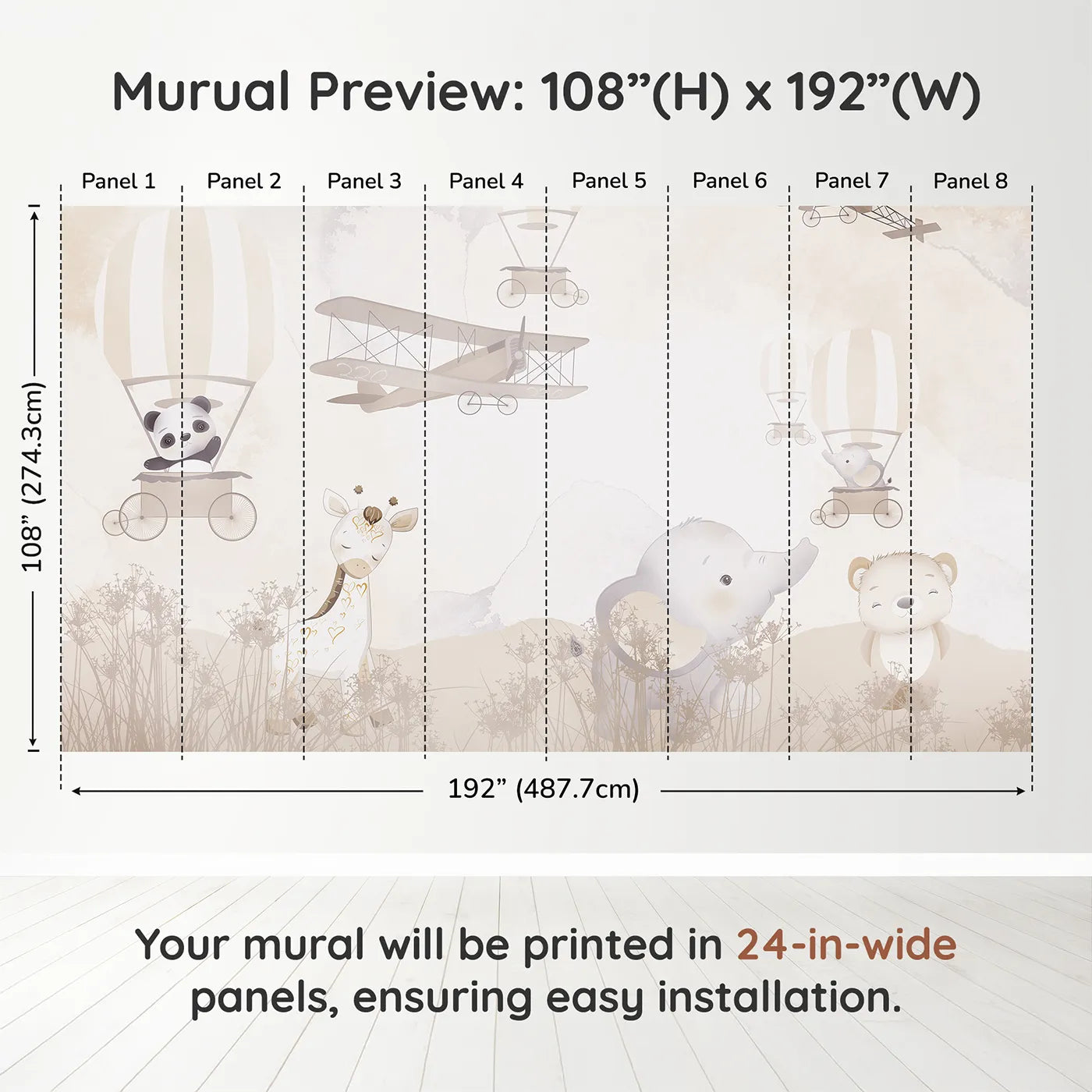 Whimsy Tots Gentle Safari Friends Wall Muraldimension view (108" H x 192" W). Printed in eight 24-inch-wide panels. Gender-Neutral